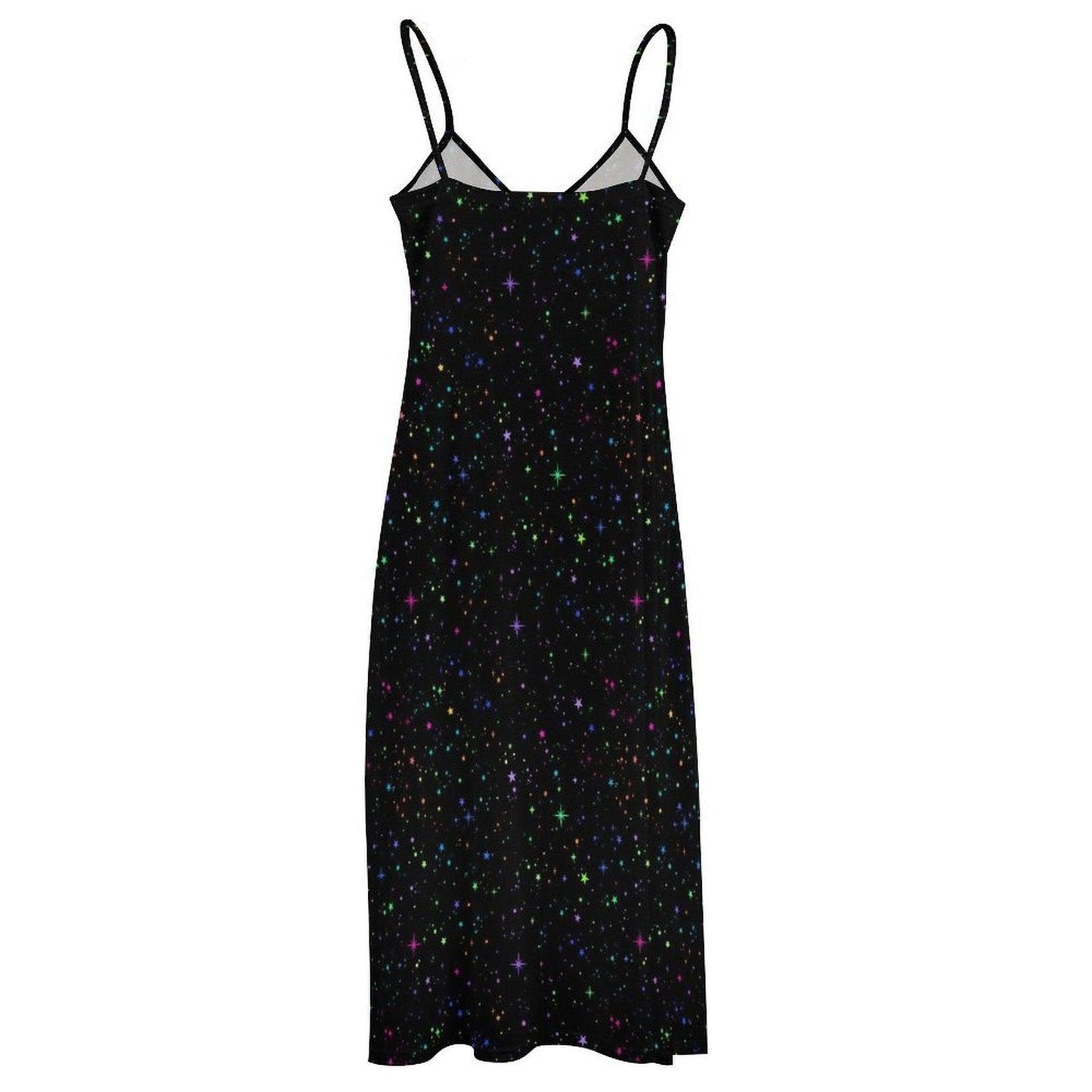 Black Rainbow Star Maxi Dress, Galaxy Print Celestial Sundress, Festival Concert Wear