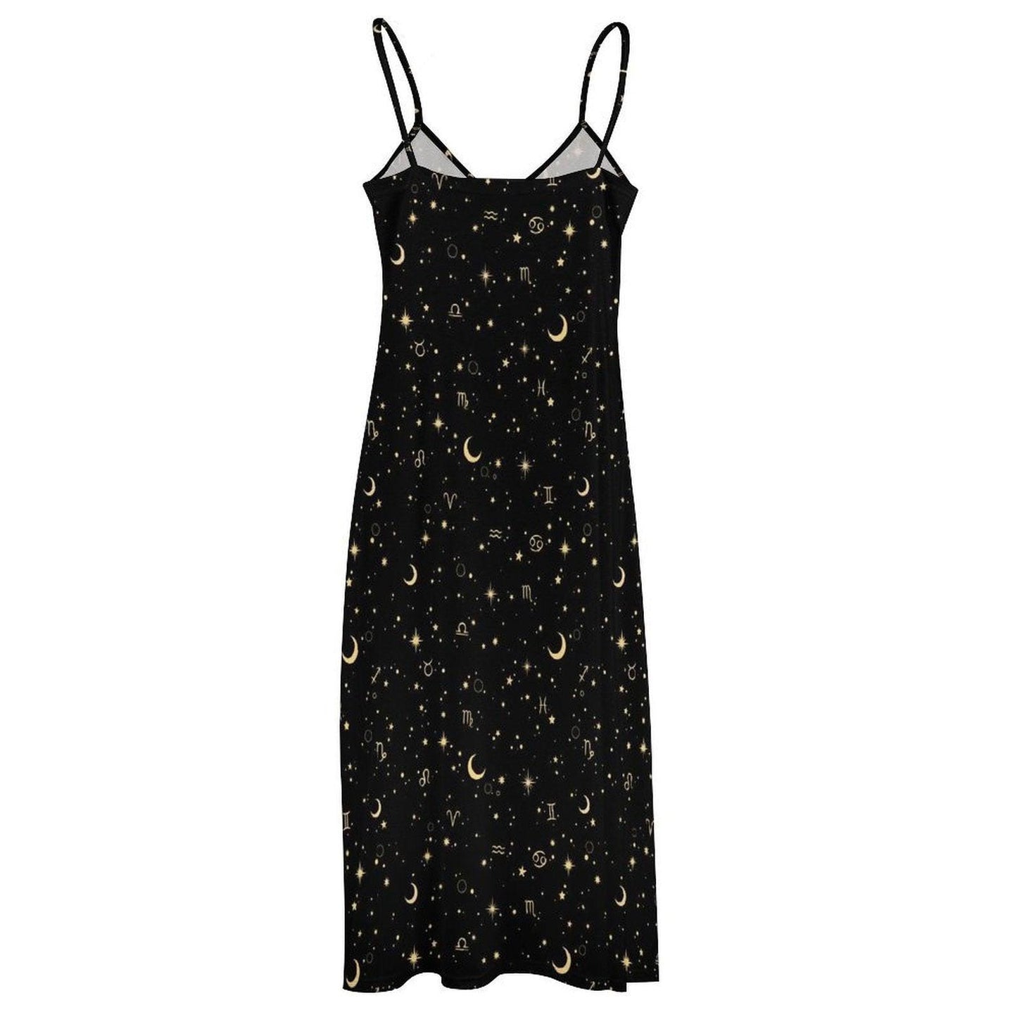 Black Celestial Maxi Dress, Zodiac Moon Star Whimsigoth Sundress