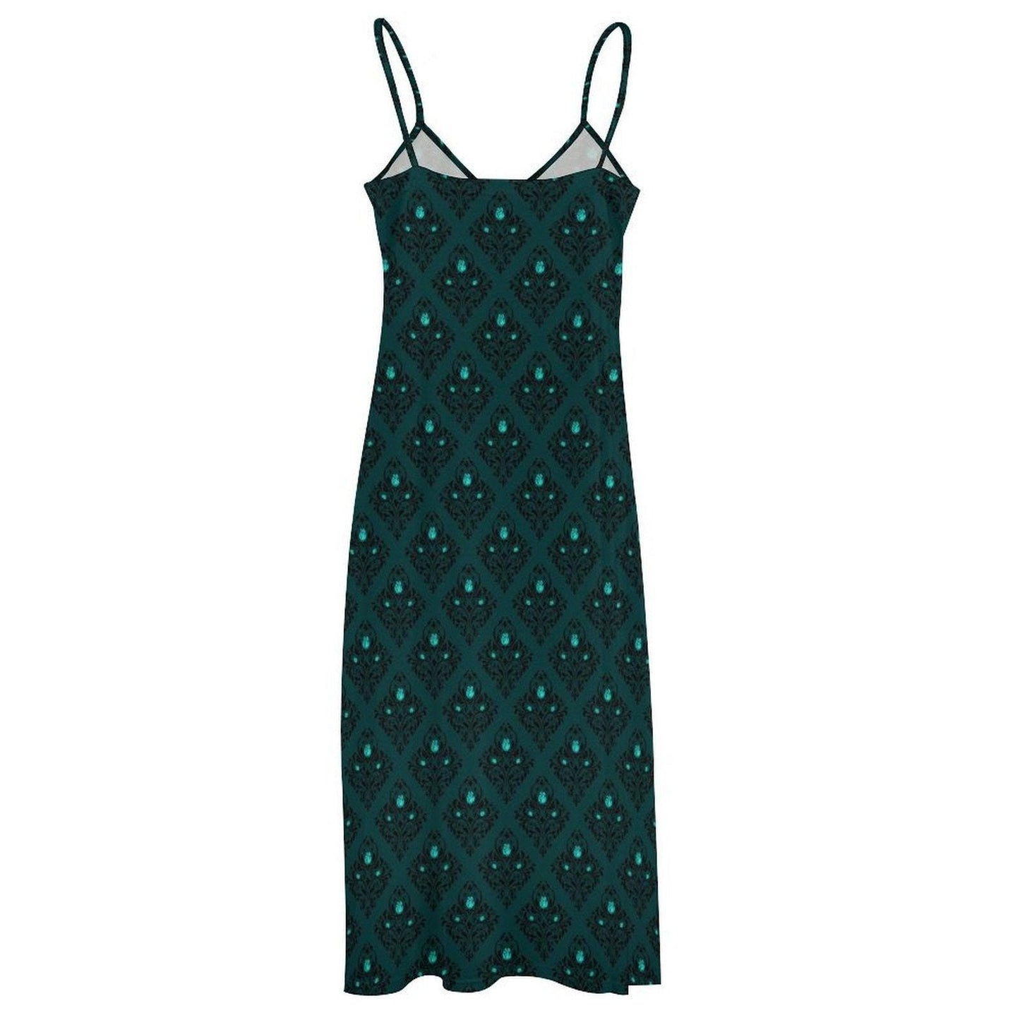 Whimsigoth Teal Damask Maxi Dress, Dark Feminine V Neck Slip Sundress