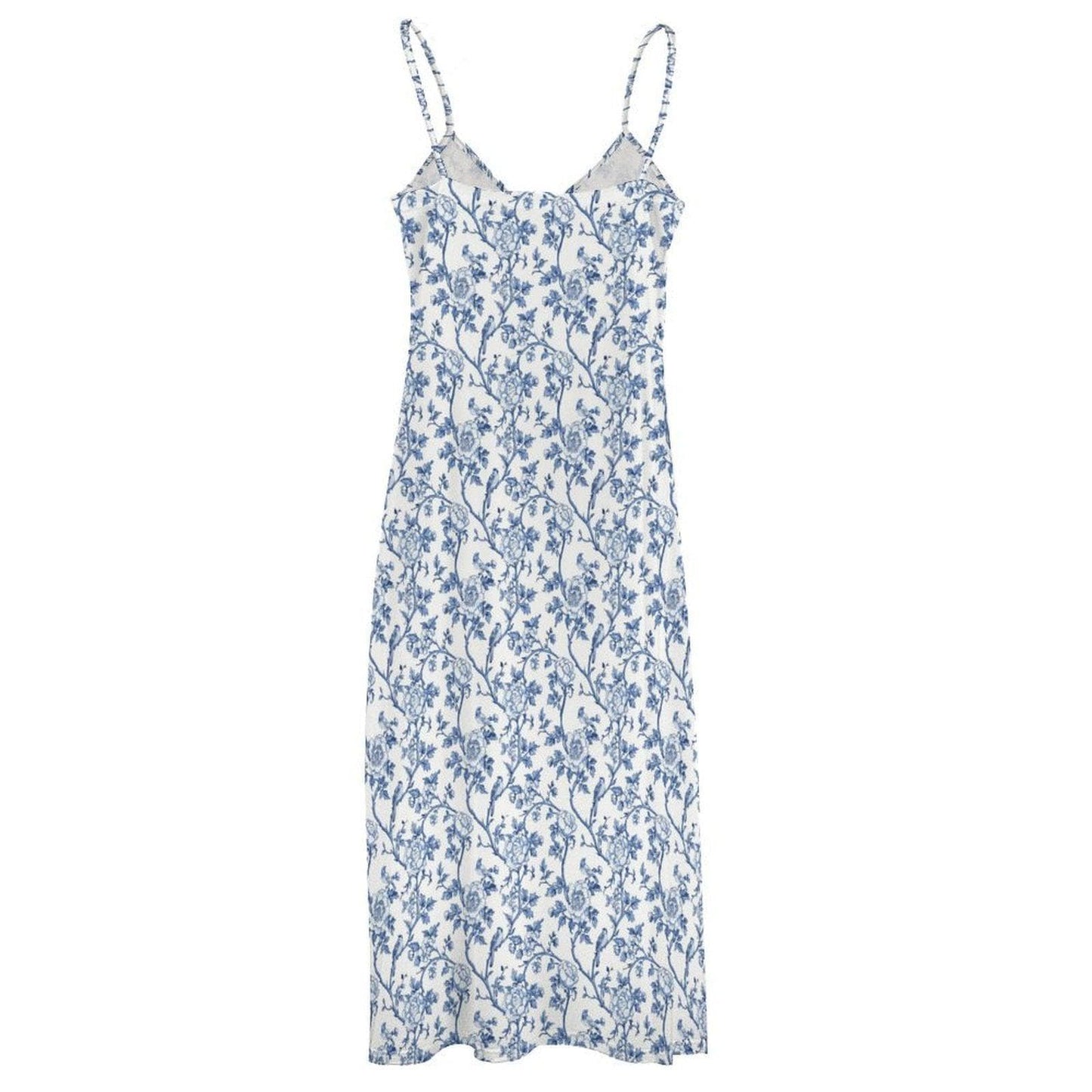 Blue White Toile Maxi Dress, Chinoiserie Floral V Neck Sundress, Coastal Summer Vacation