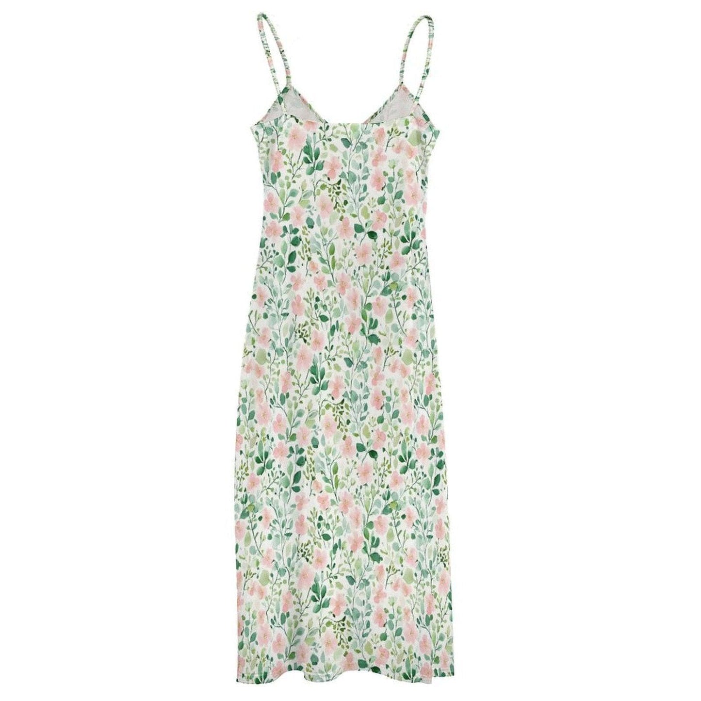 Watercolor Floral Maxi Dress, Sage Green, Pink Blooms, Cottagecore Slip Sundress