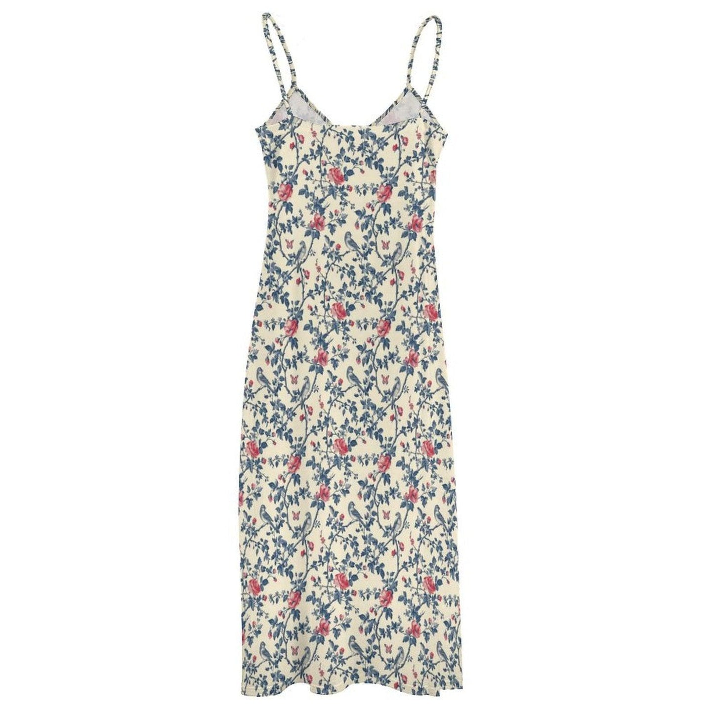 Vintage Floral Maxi Dress, Cream Rose Bird Print Sundress, Cottagecore Style