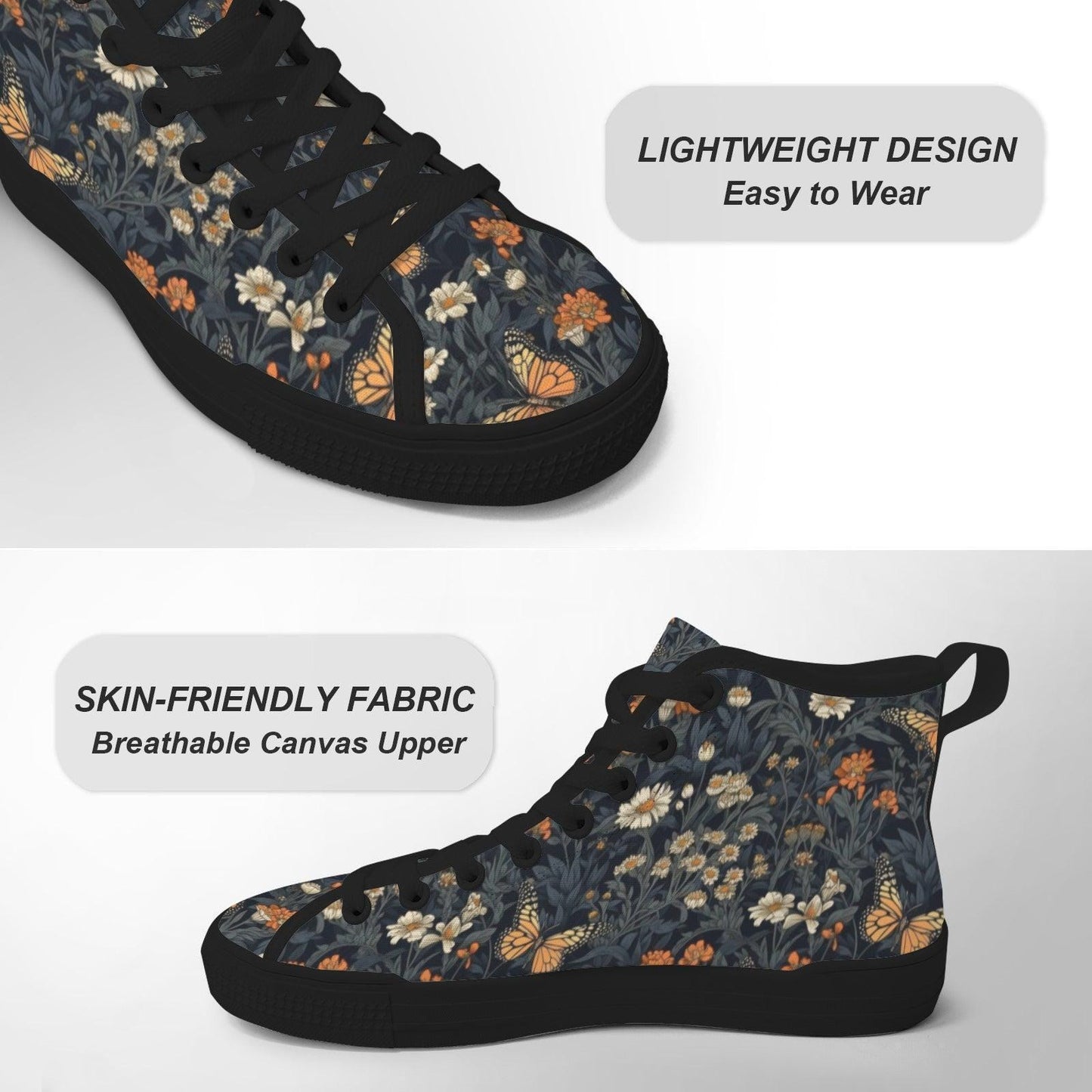 Butterfly Meadow Floral High Top Sneakers, Navy Cottagecore Canvas Shoes