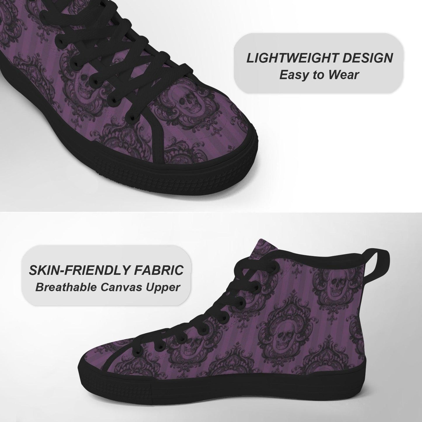 Purple Skull High Tops, Baroque Damask Print Lace Up Sneakers