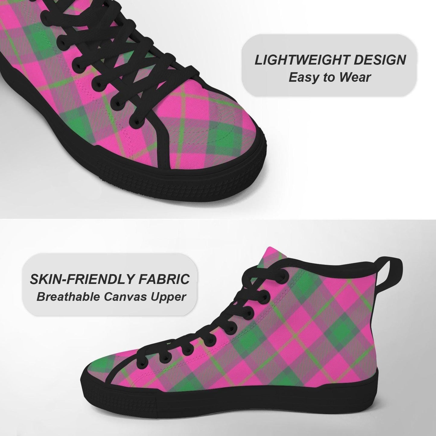 Pink Green Plaid High Top Canvas Sneakers, Tartan Lace Up Shoes