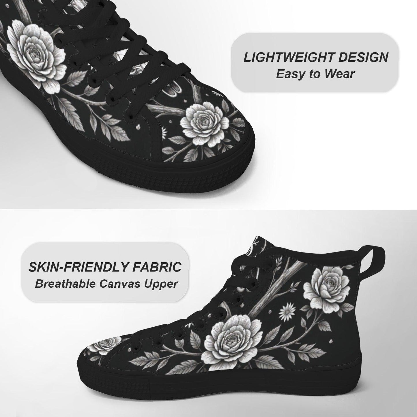 Gothic Floral High Top Sneakers, Black Rose Lace Up Canvas Shoes