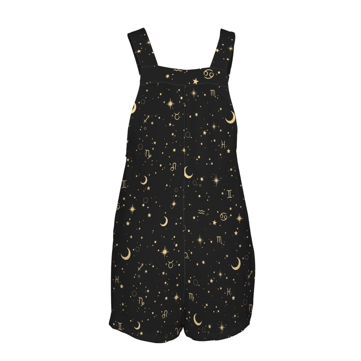 Celestial Overall Romper, Zodiac Print Shortalls, Moon Star Playsuit, Black Button Strap Summer Romper