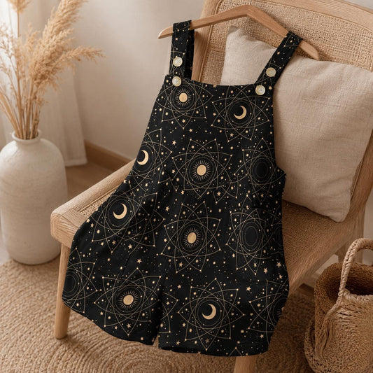 Celestial Moon Shortalls Romper, Black Sun Stars Print, Witchy Pocket Playsuit