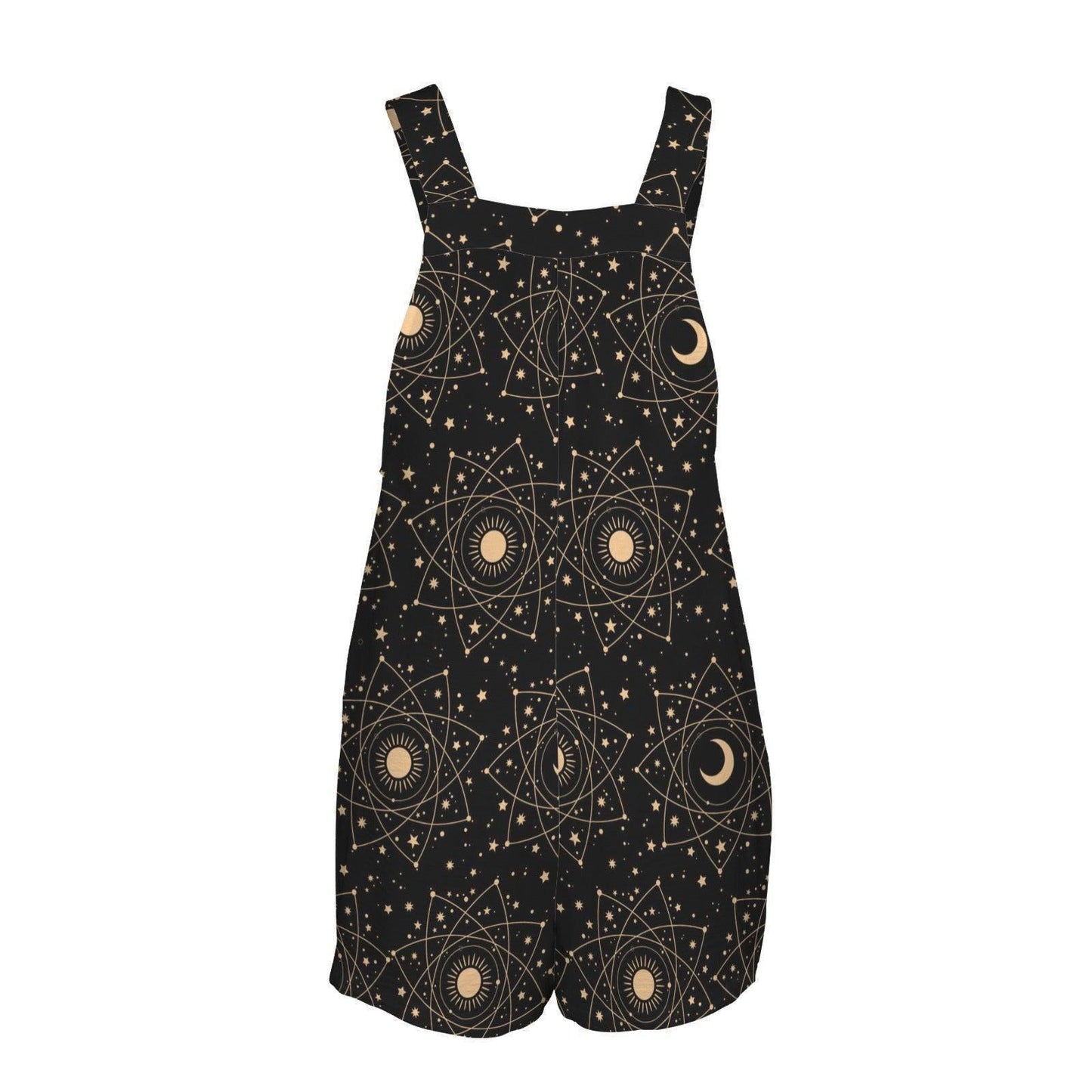Celestial Overall Romper, Moon Star Shortalls with Pockets, Black Astrology Festival Playsuit