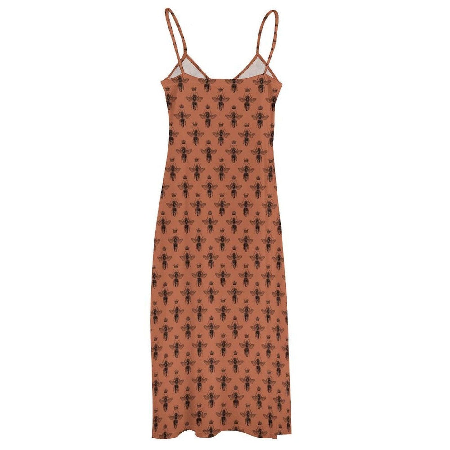 Rust Brown Bee Print Maxi Dress, Cottagecore Spaghetti Strap Sundress