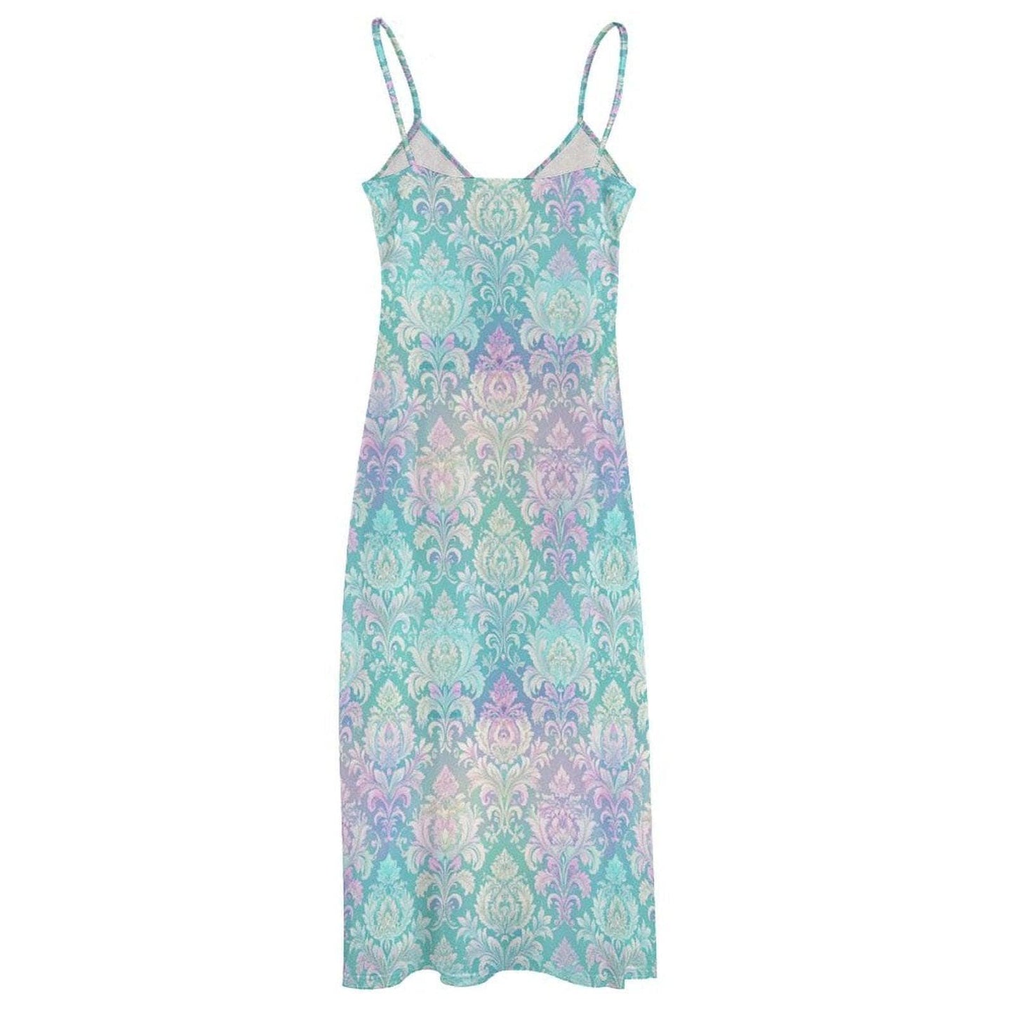 Fairycore Maxi Dress, Mint Green Pastel Damask Print, Iridescent Summer Beach Wear