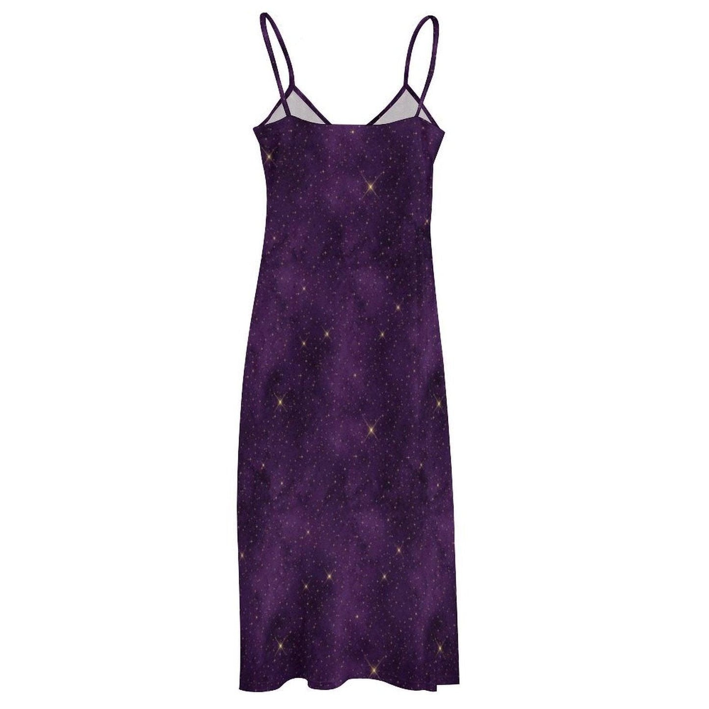 Purple Galaxy Celestial Maxi Dress, Witchy Cosmic Star Print Sundress