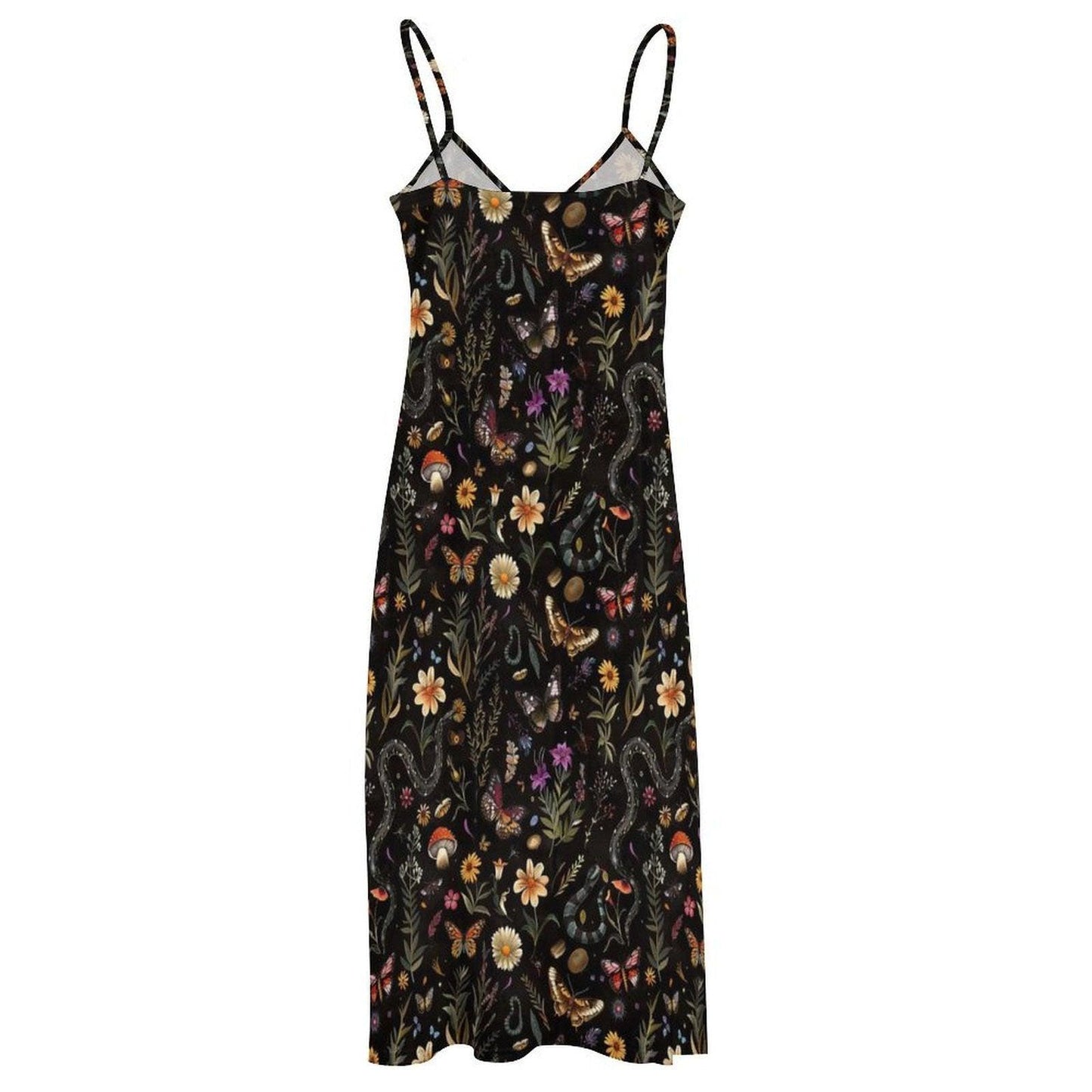 Mushroom Botanical Print Maxi Dress, Dark Cottagecore Slip Sundress Butterflies