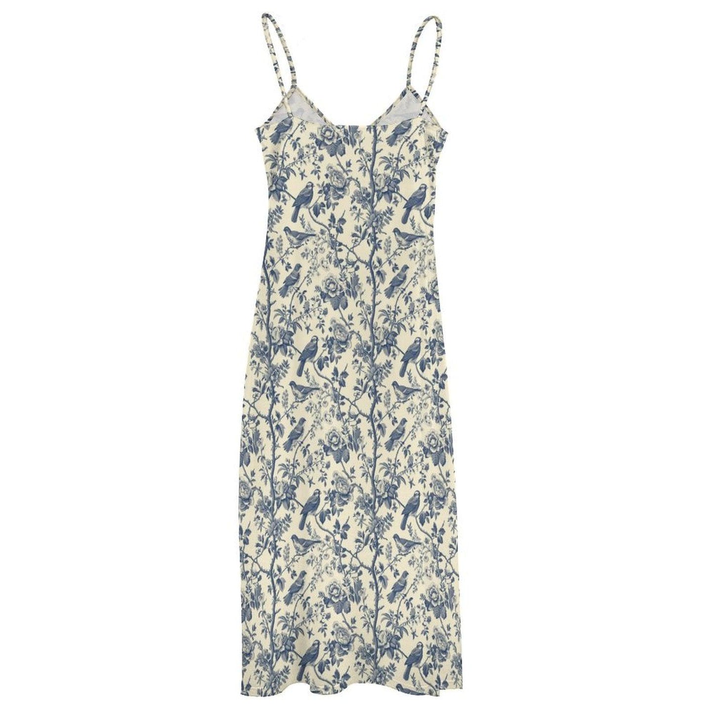 Chinoiserie Maxi Dress, Blue Floral Bird Print Sundress, Grandmillennial Coastal Wedding Guest