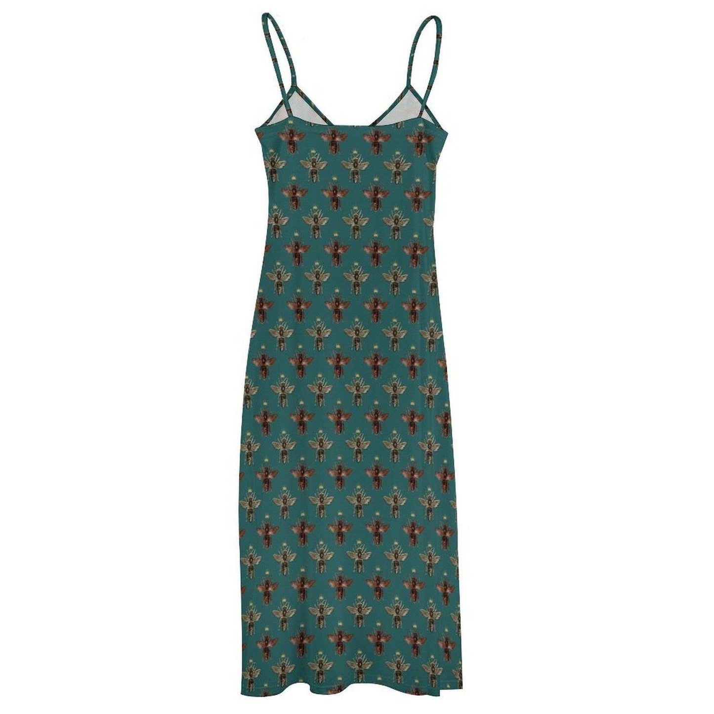 Teal Green Bee Print Maxi Dress, Vintage Honeybee Cottagecore Sundress