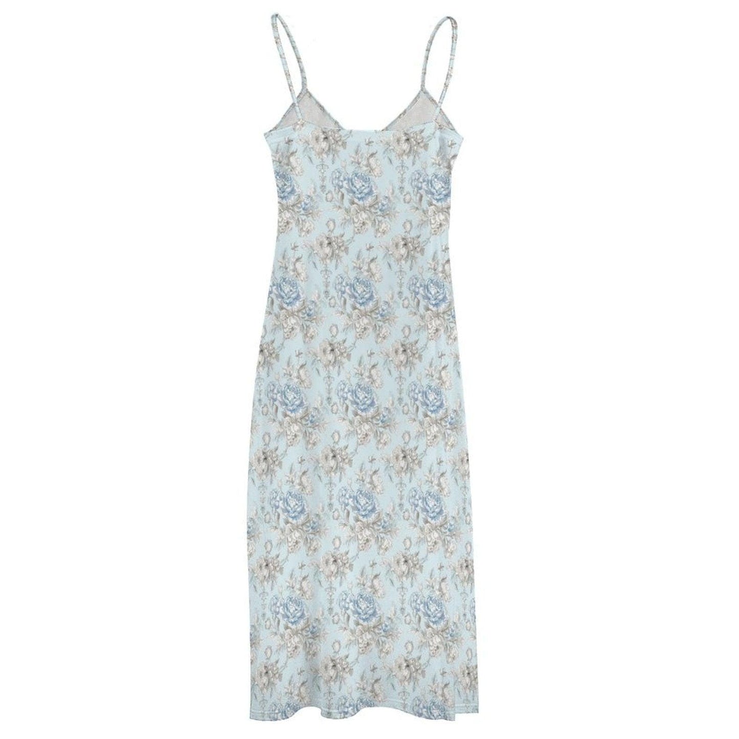 Powder Blue Floral Maxi Slip Dress, Cottagecore Spaghetti Strap Sundress