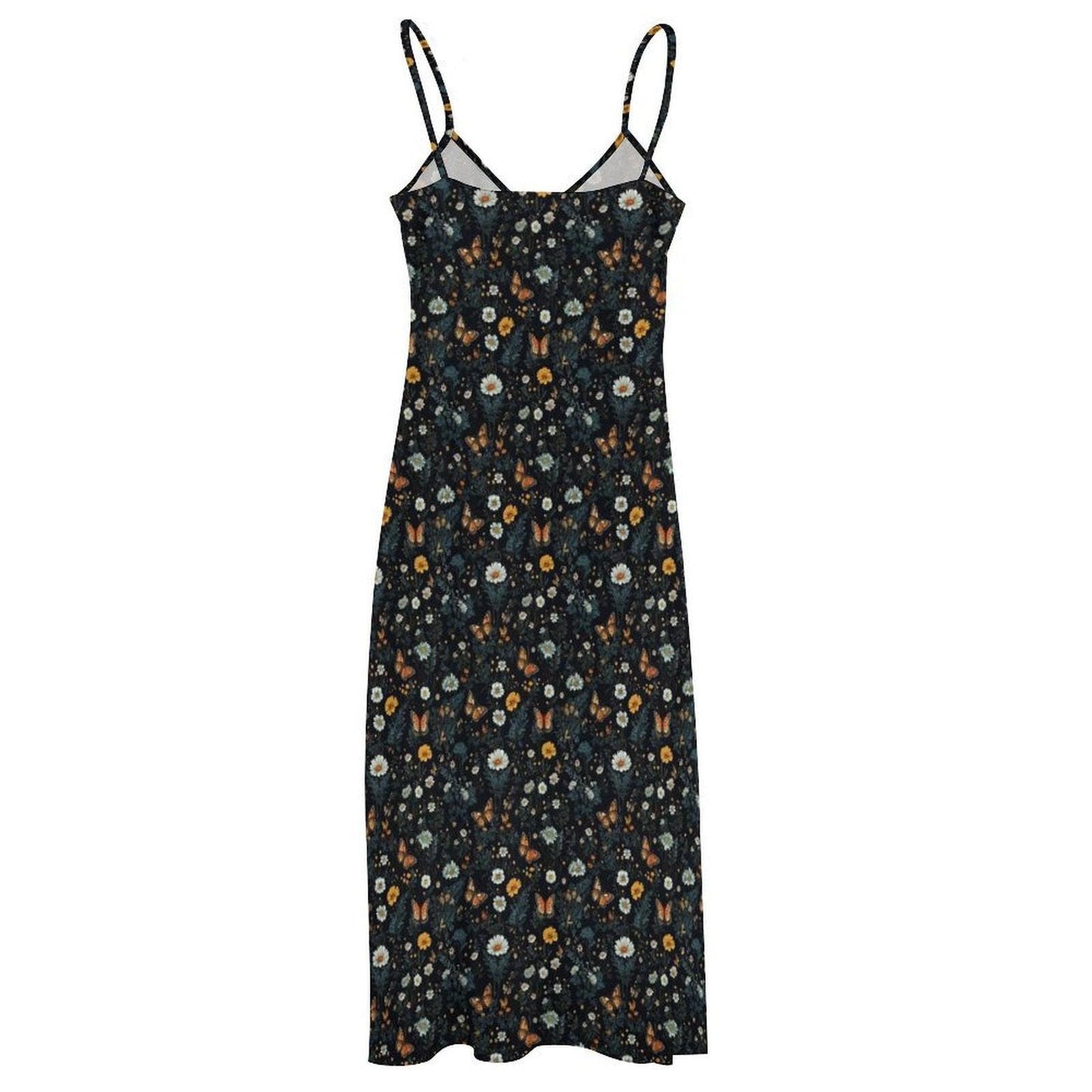 Black Daisy and Butterfly Ditsy Print Maxi Dress with Spaghetti Straps