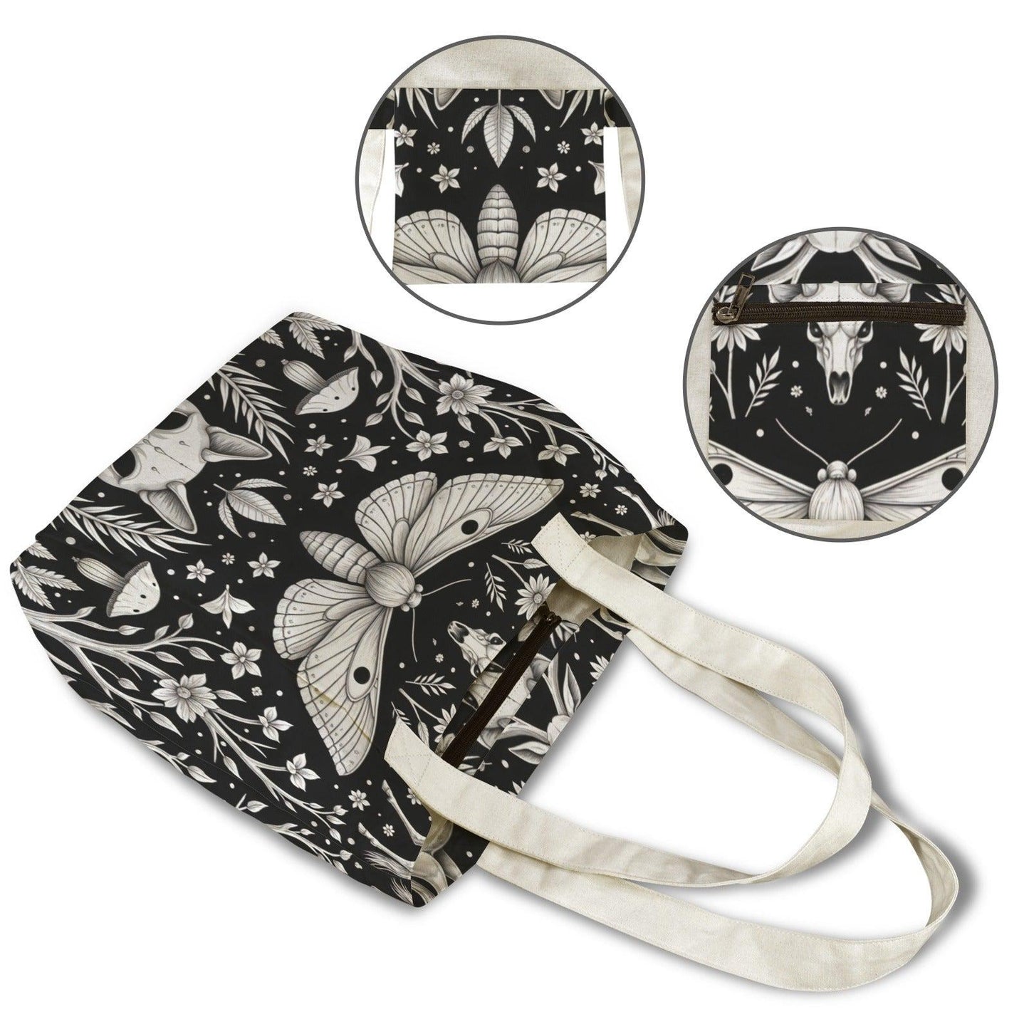 Luna Moth Yoga Mat Tote Bag, Black White Mushroom Skull Print Shoulder Bag