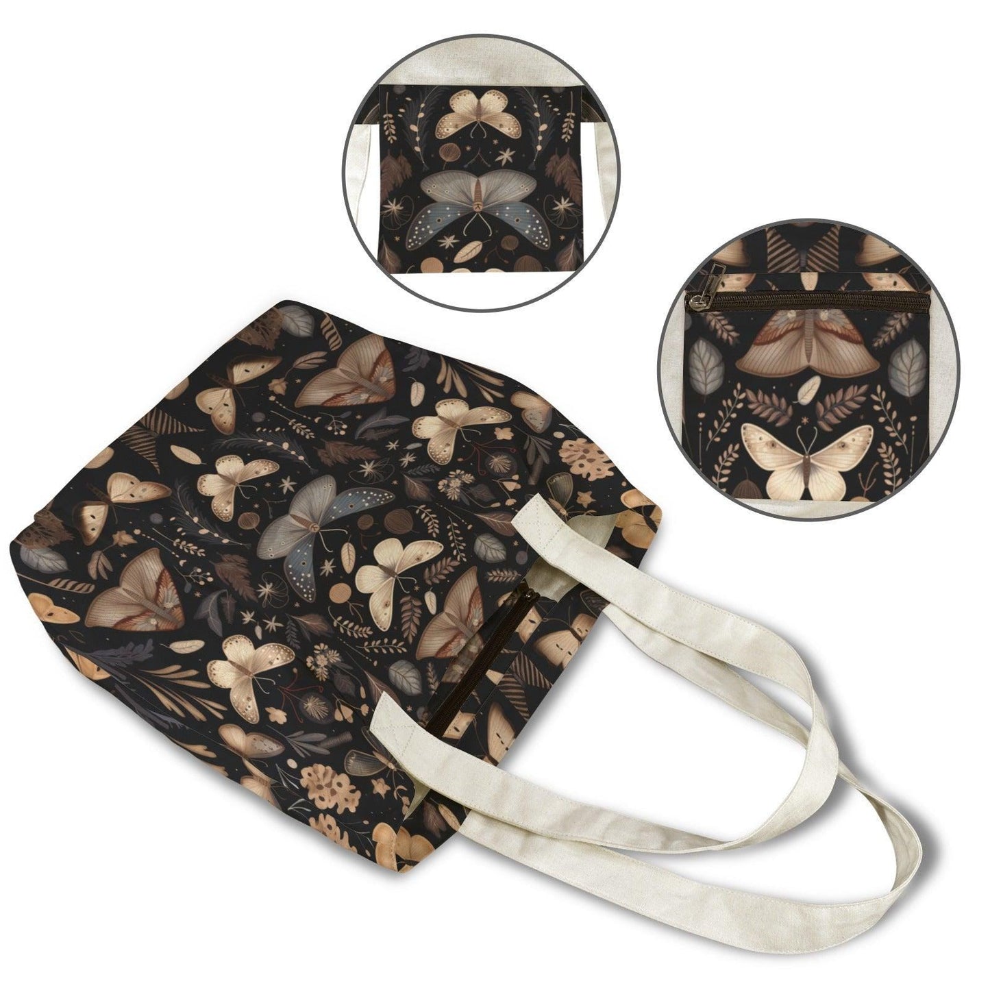 Moth and Butterfly Botanical Print Tote Bag with Cream Shoulder Straps