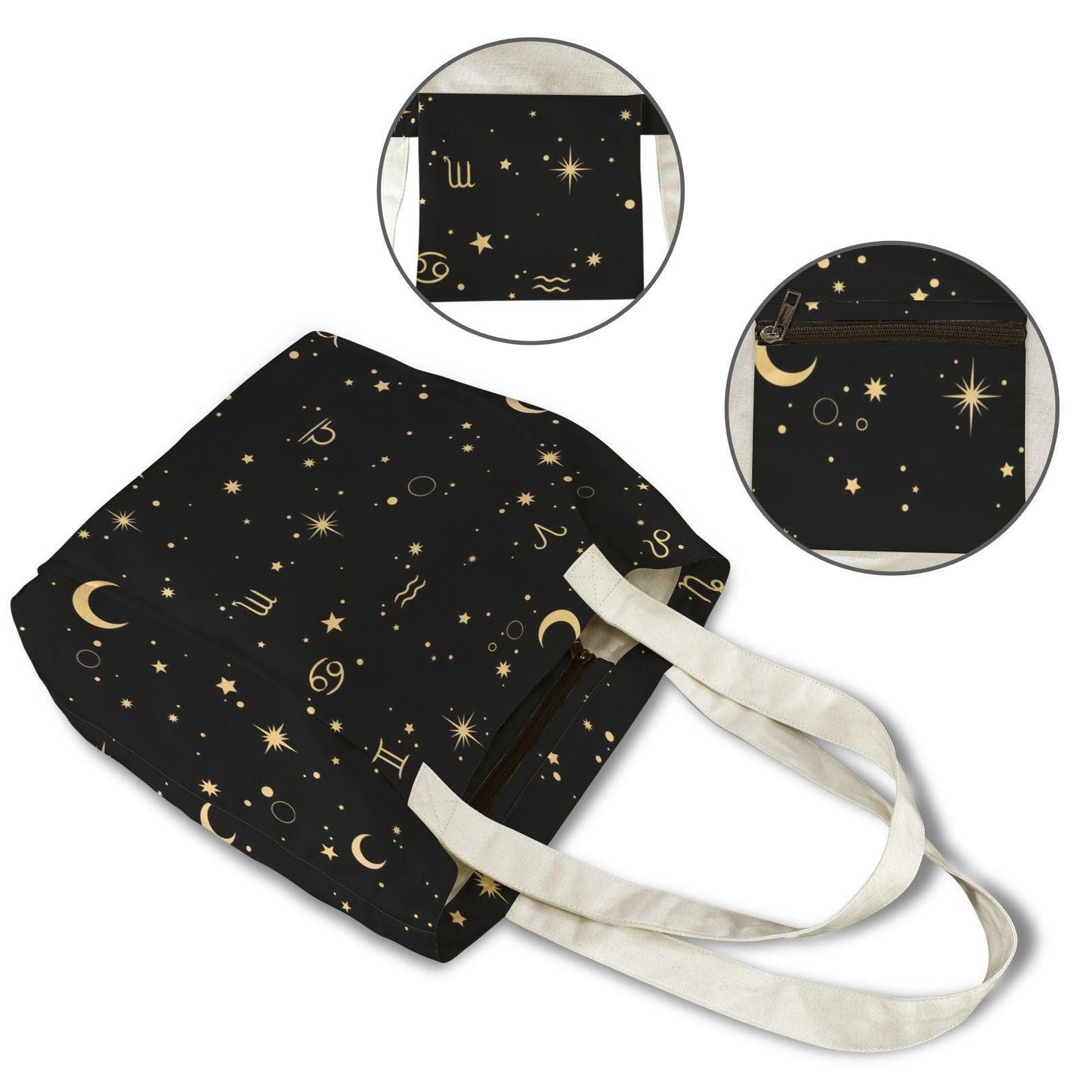 Black Canvas Zodiac Yoga Mat Tote, Gold Celestial Print, Studio Gym Bag