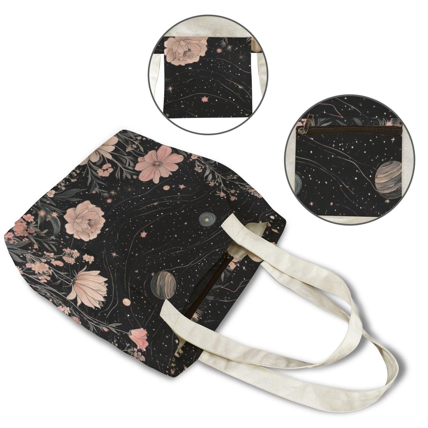 Celestial Floral Tote Bag, Pink Roses, Planets and Stars on Black