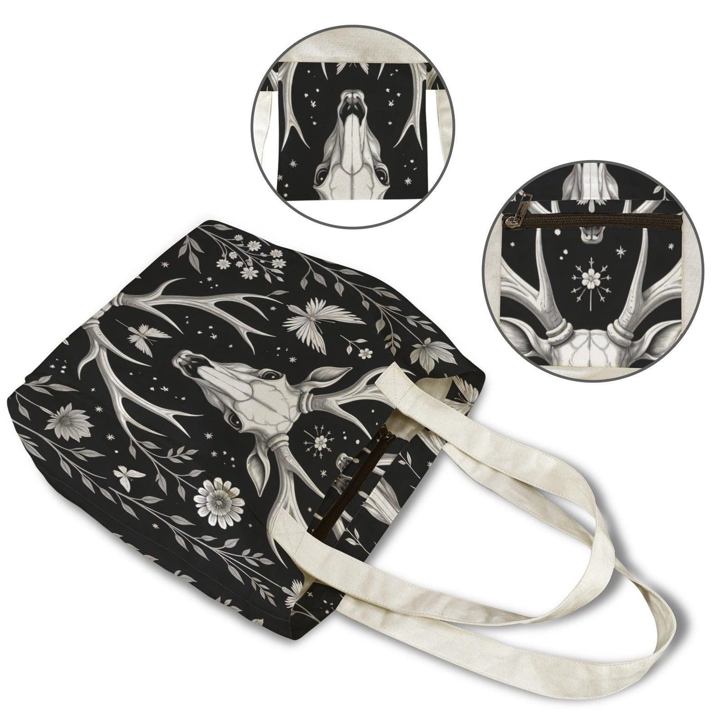 Deer Skull Yoga Tote Bag, Antler Floral Print Mat Carrier, Large Witchy Gym Bag
