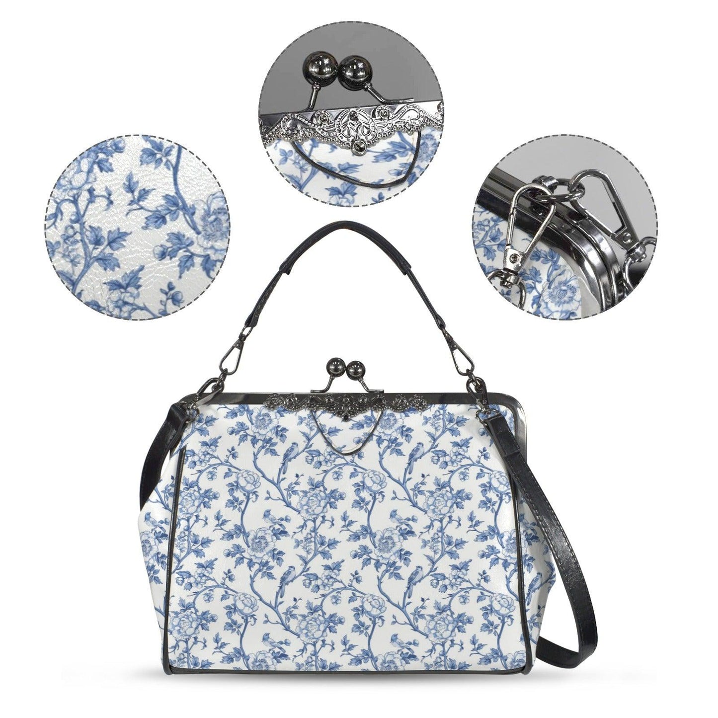 Blue Chinoiserie Floral Kiss-Lock PU Leather Crossbody Bag