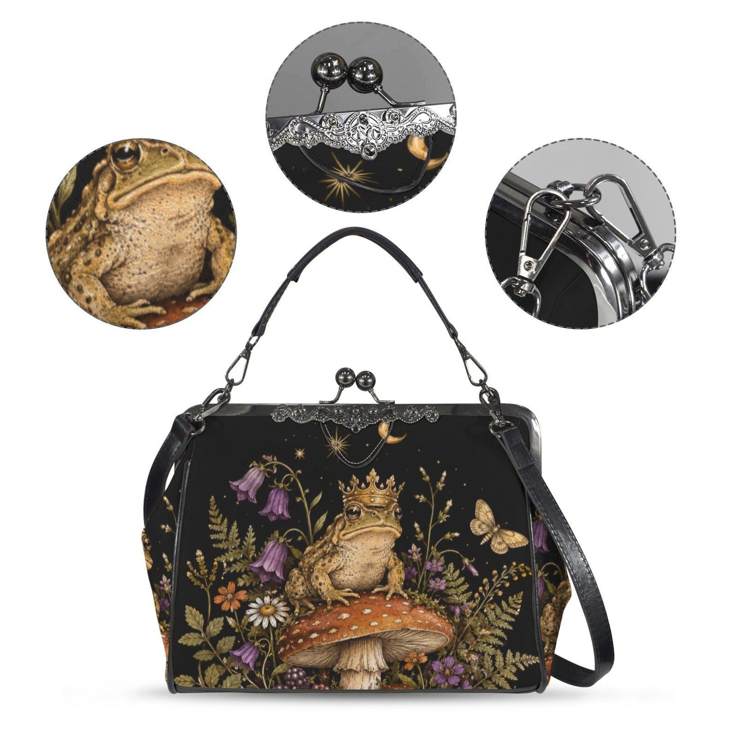 Frog King and Mushroom Print Kiss Lock Handbag with Crossbody Strap