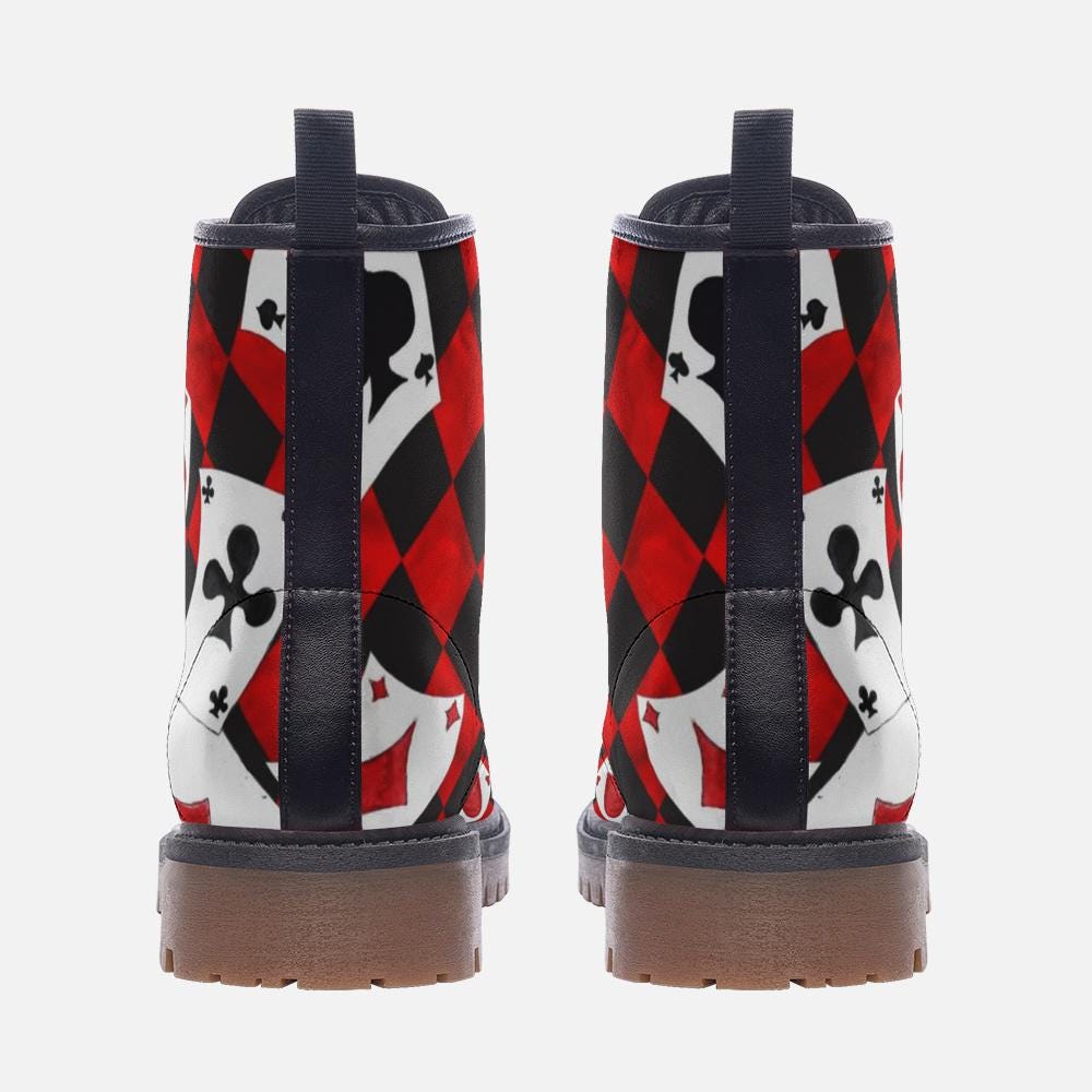 Queen of Hearts Combat Boots, Red Black Card Print Lace Up Shoes