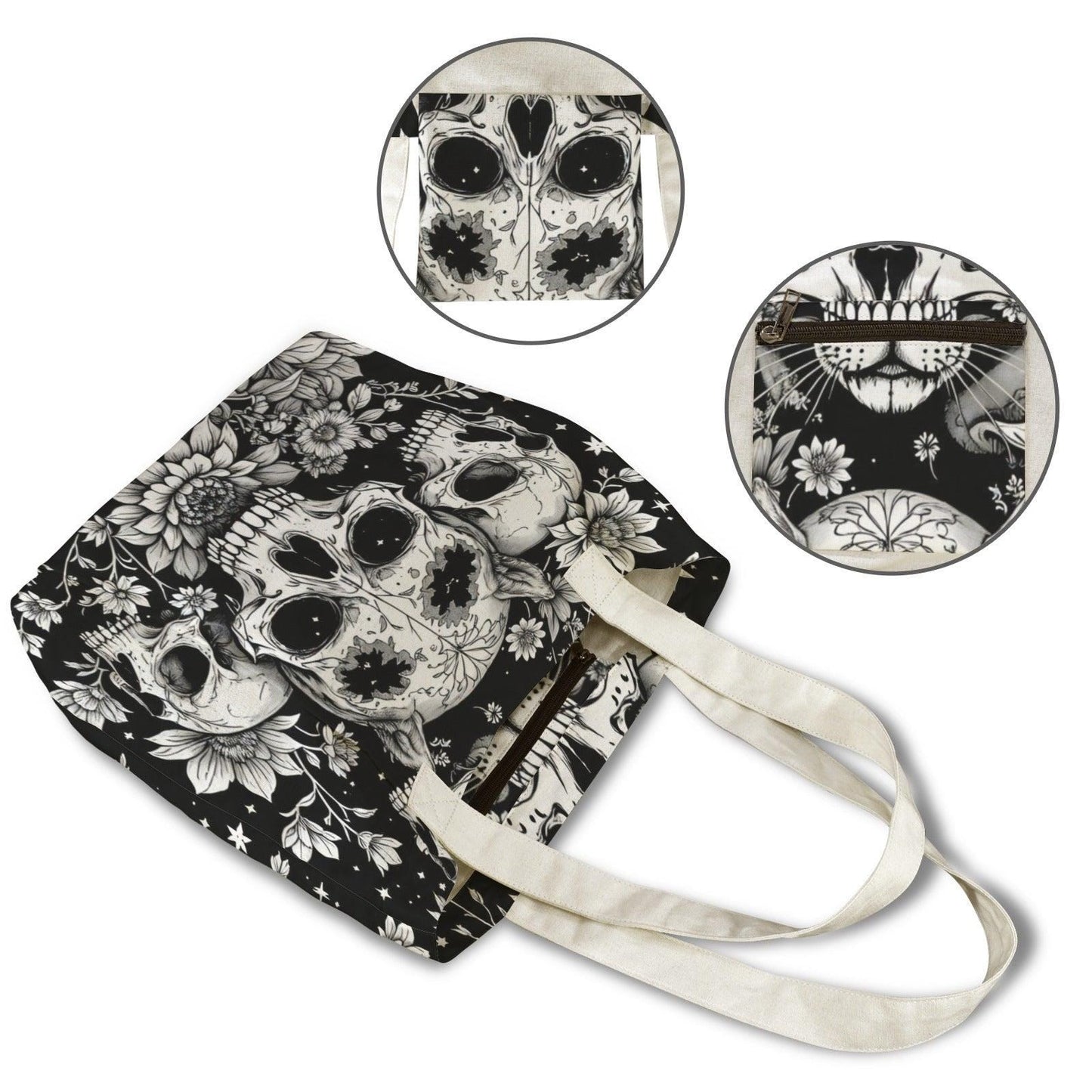 Gothic Skull Floral Yoga Mat Bag, Black White Line Art Tote, Witchy Gym Bag
