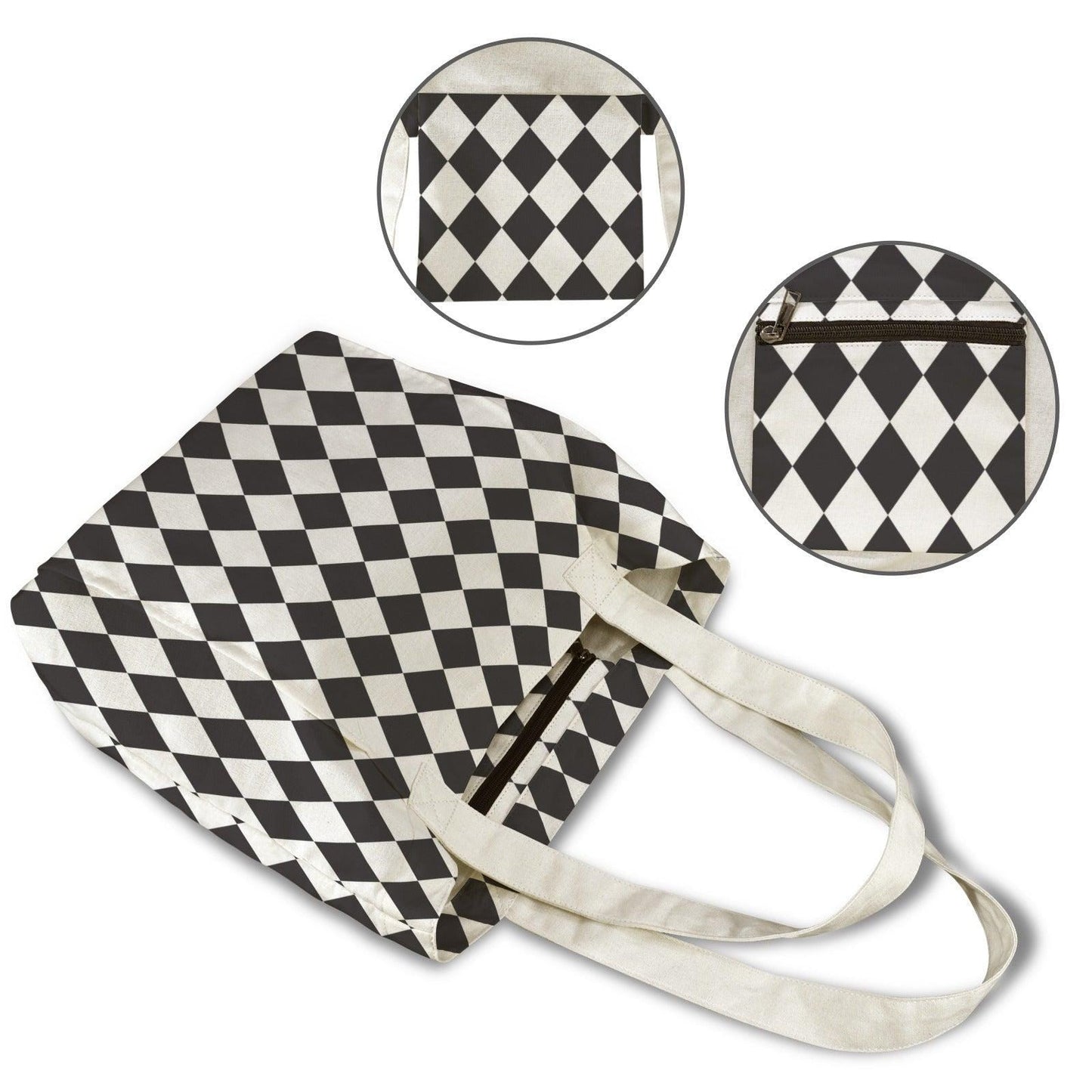 Black White Diamond Print Canvas Tote Bag, Harlequin Shoulder Bag, Work Errands Style