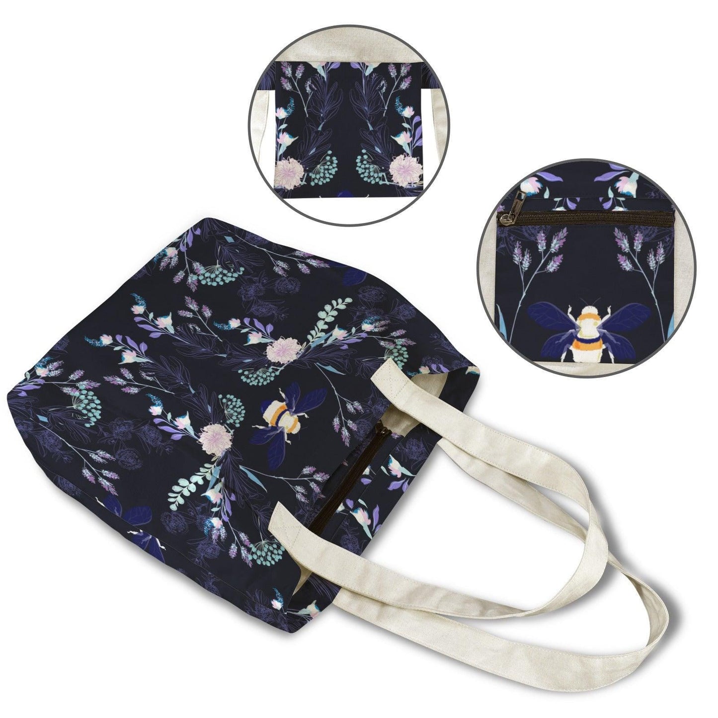 Dark Floral Bee Yoga Tote Bag with Mat Holder, Navy Canvas Shoulder Bag
