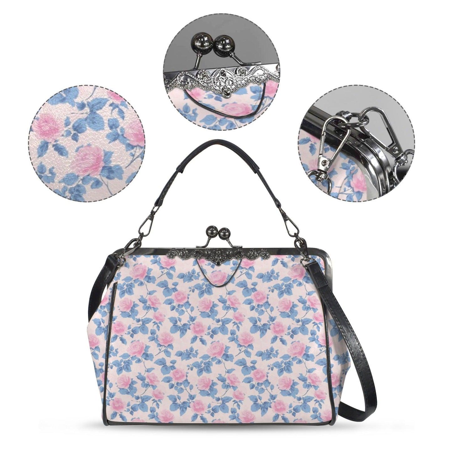 Pink Floral Kiss Lock Crossbody Bag, Blue Rose Cottagecore Handbag
