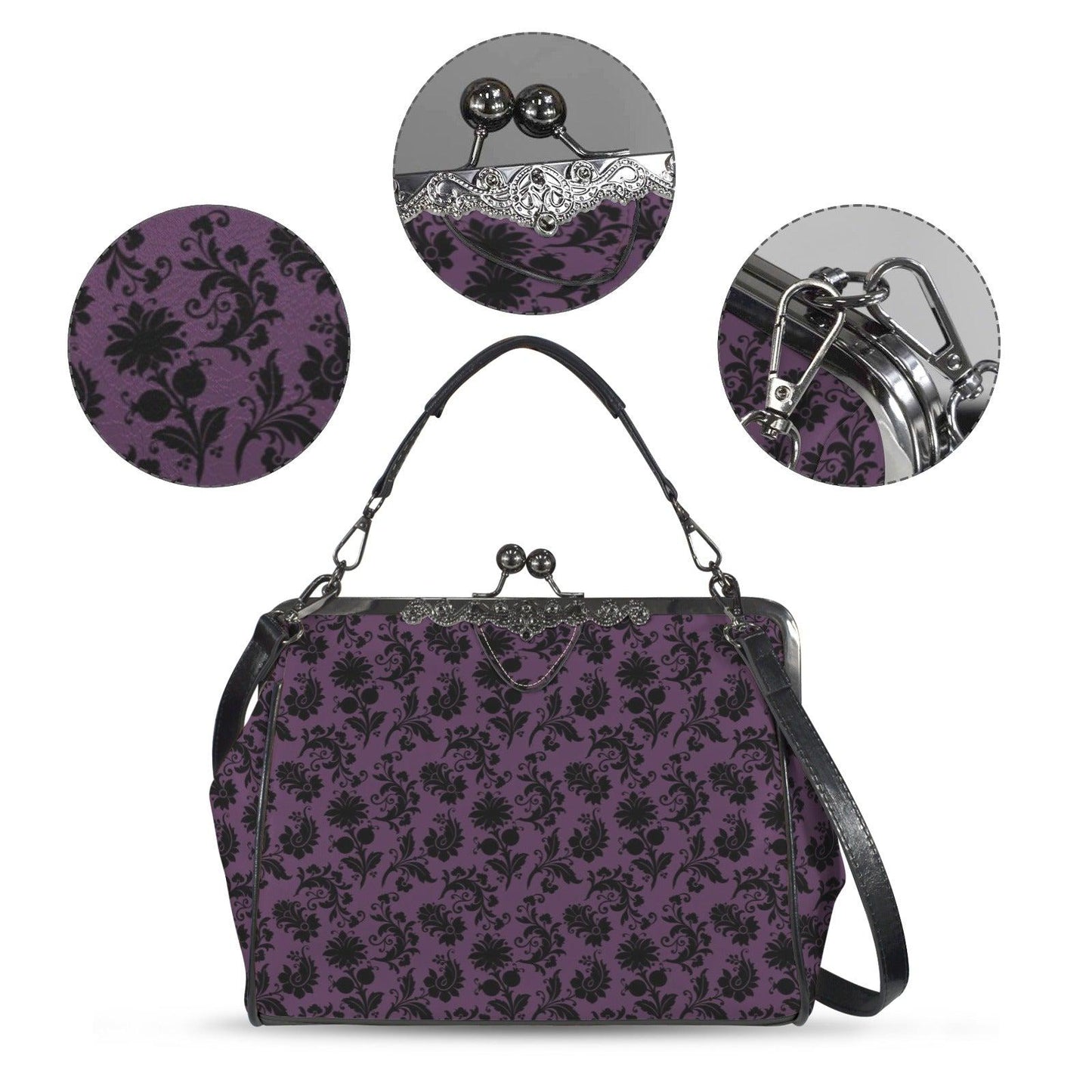 Purple and Black Damask Kiss Lock Handbag with Crossbody Strap