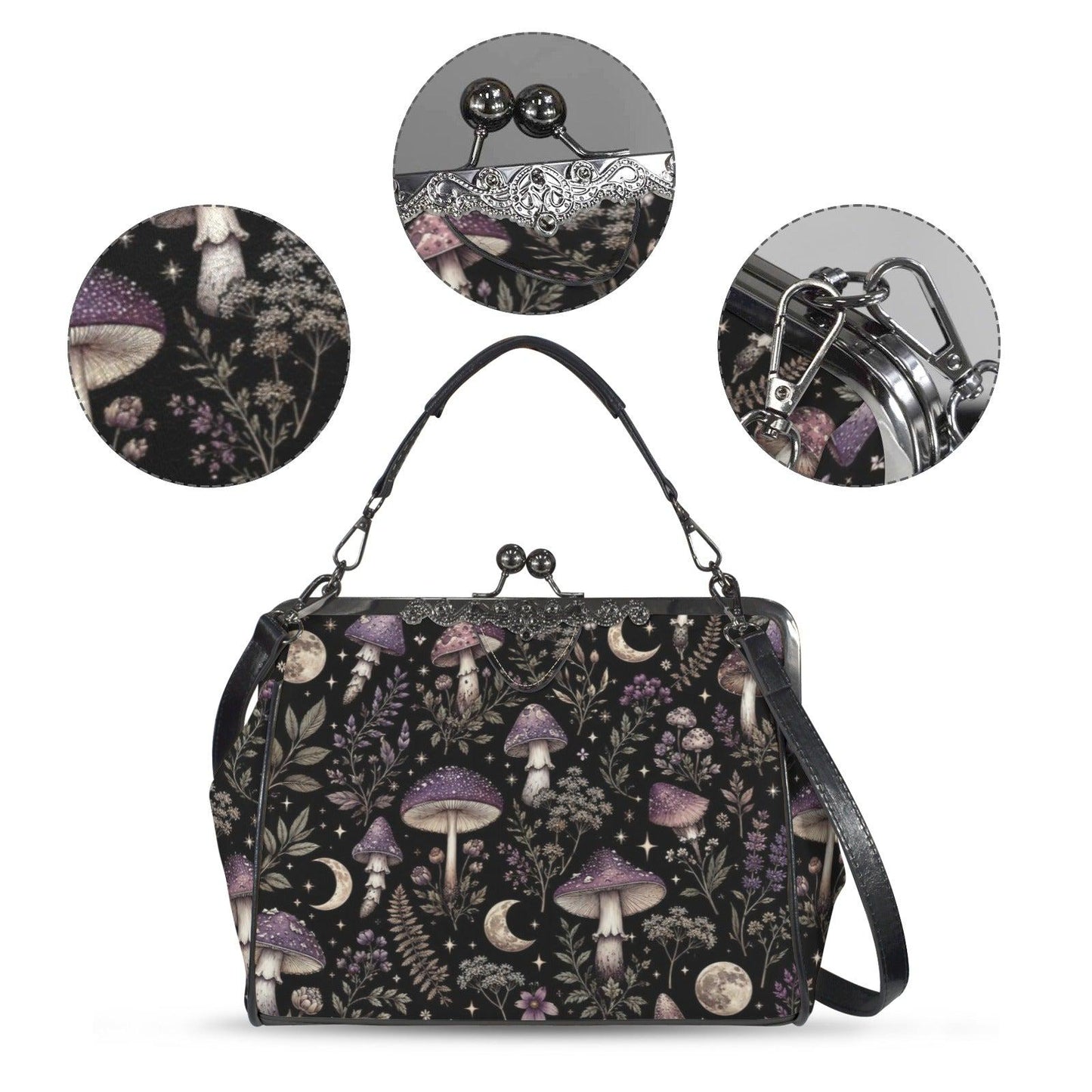 Witchy Mushroom Moth Print Crossbody Bag, Dark Forest Kisslock Purse