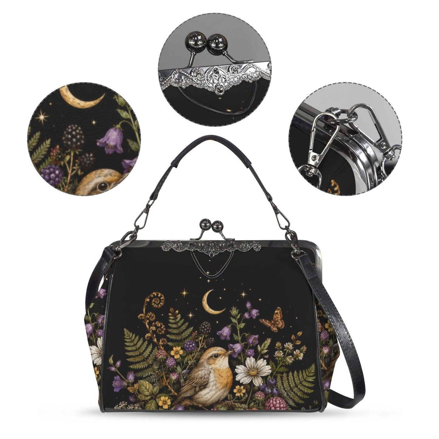 Whimsigoth Bird Moon Kiss Lock Handbag, Black Floral Garden Shoulder Bag