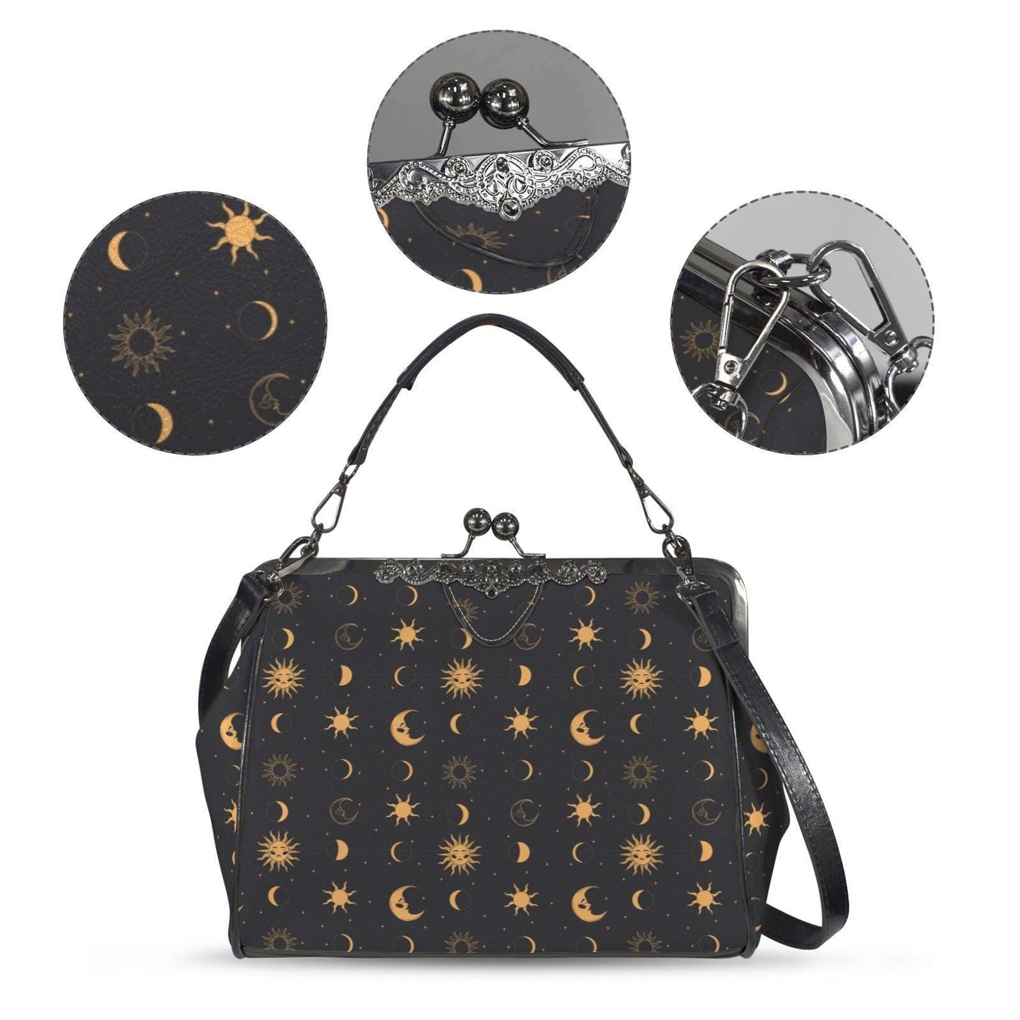 Black Gold Celestial Sun Moon Kiss Lock Handbag, Astrology Crossbody Bag