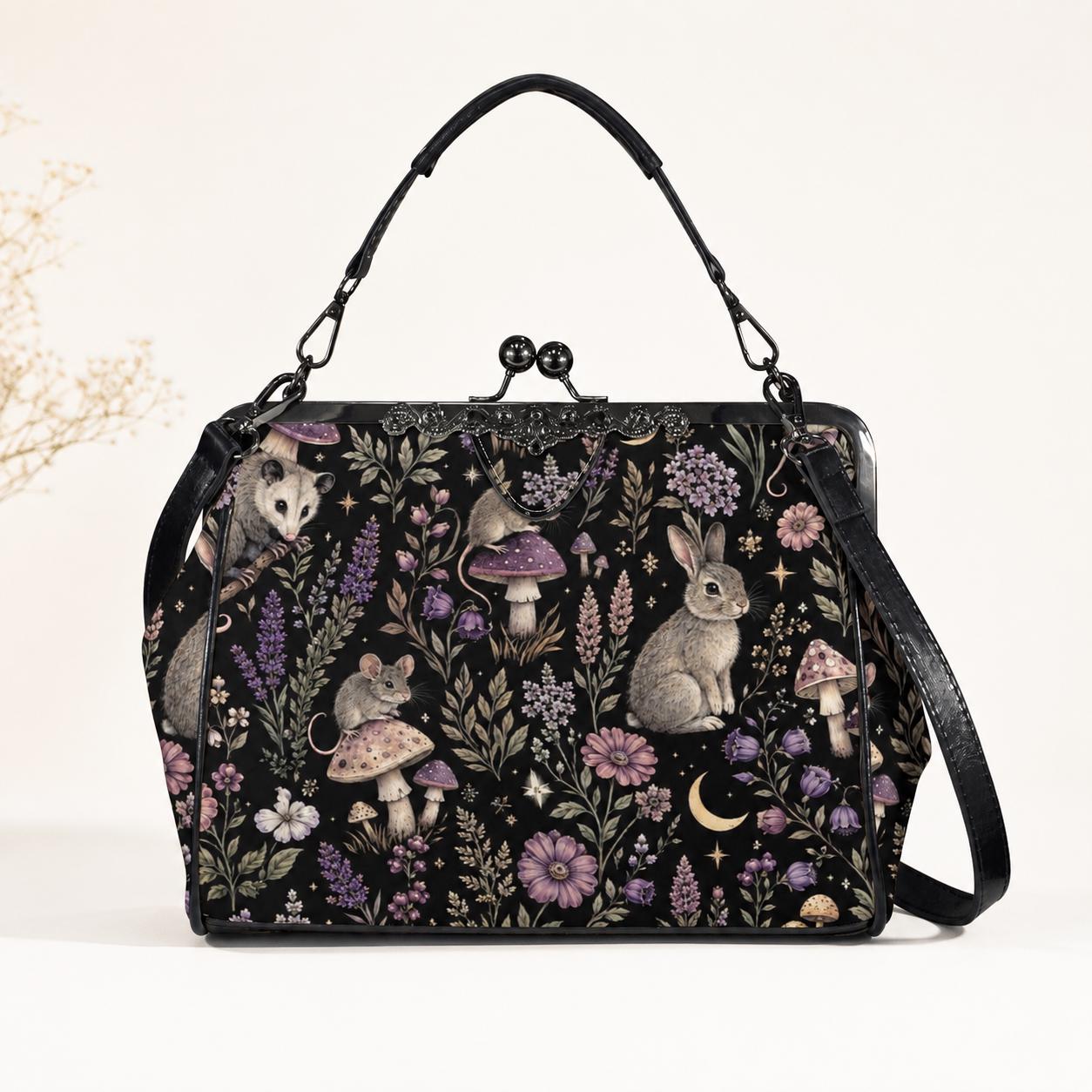 Woodland Animal Kiss Lock Bag, Opossum Rabbit Mouse Floral Print Purse