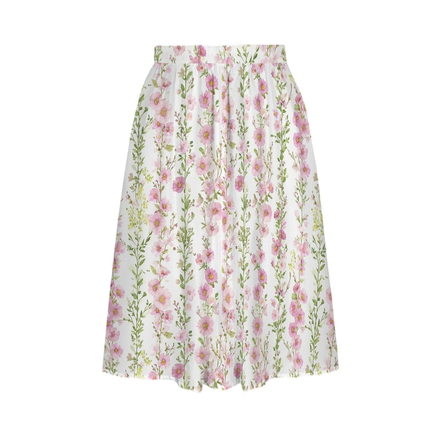 Pink Floral Midi Skirt, High Waist A-Line, Pockets, Cottage Garden Style
