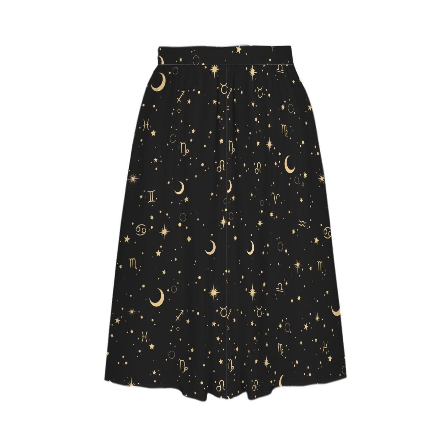 Celestial Midi Skirt, Black Zodiac Moon Star Print, High Waist A Line with Pockets