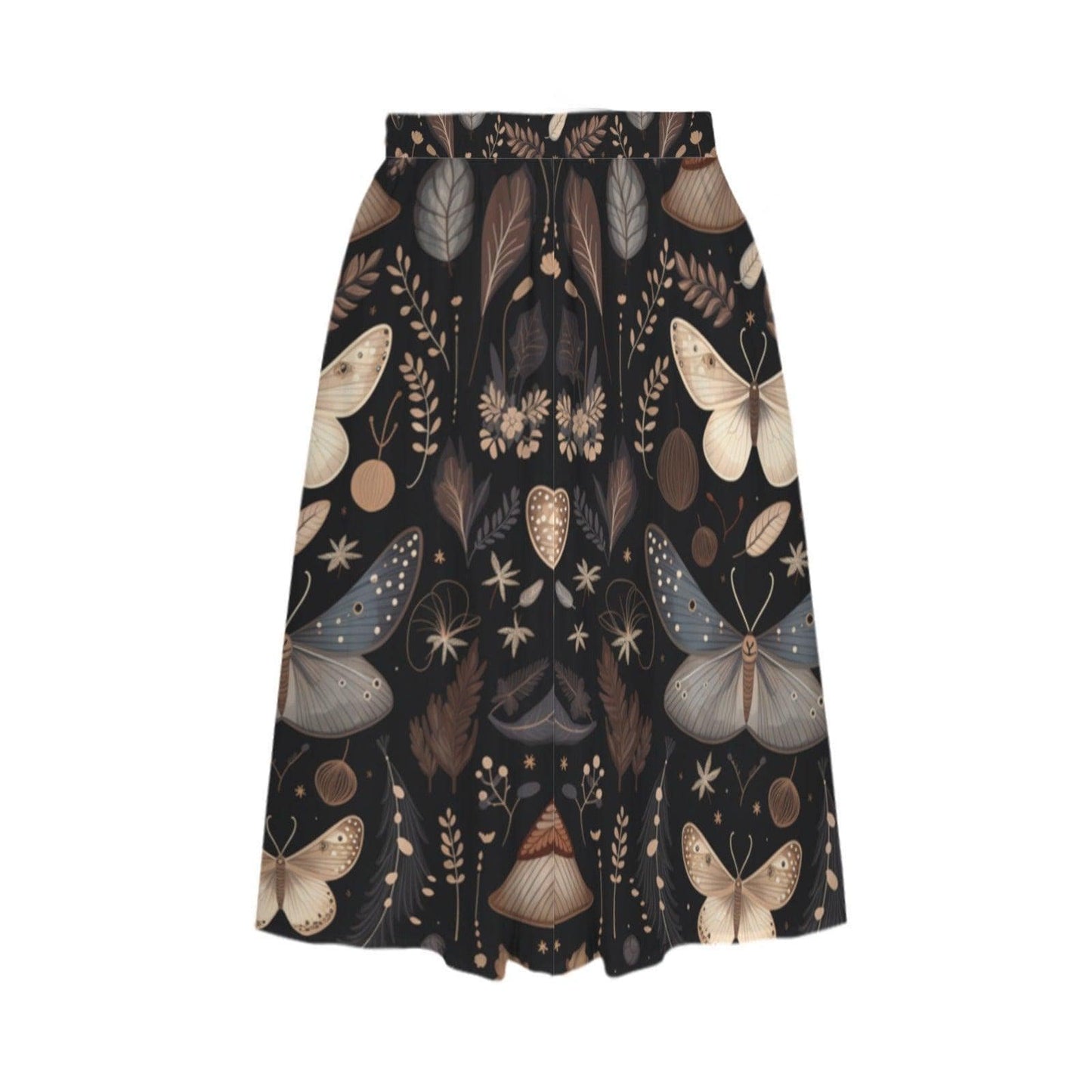 Dark Botanical Moth Print Midi Skirt, Whimsigoth Butterfly A Line Skirt With Pockets