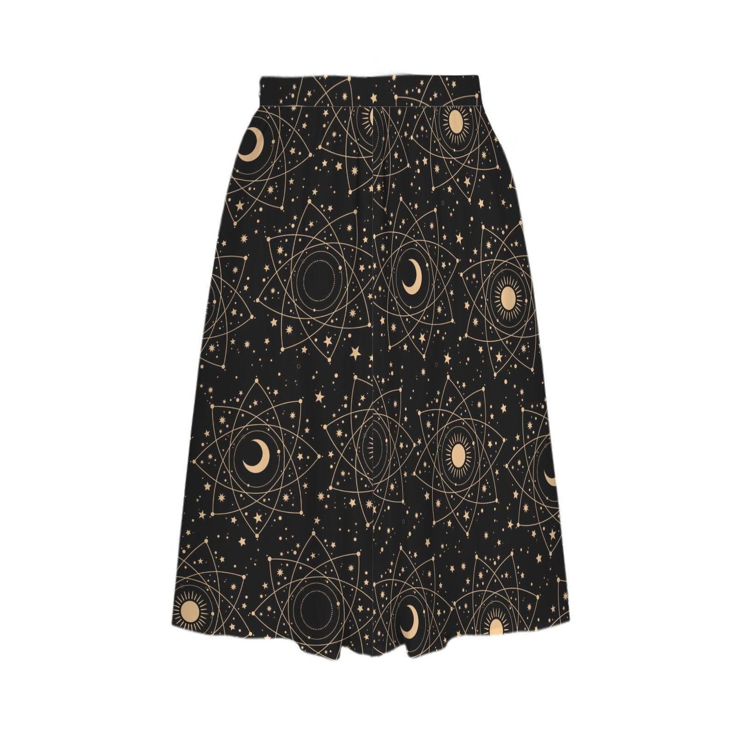 Black Celestial Midi Skirt, Moon Star Print, High Waist Pockets, Witchy Festival Style