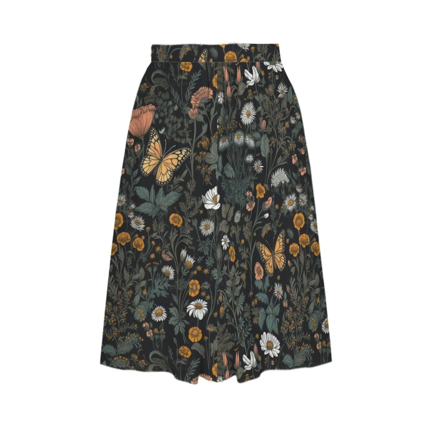 Dark Meadow Butterfly Midi Skirt, Cottagecore Floral A-Line with Pockets
