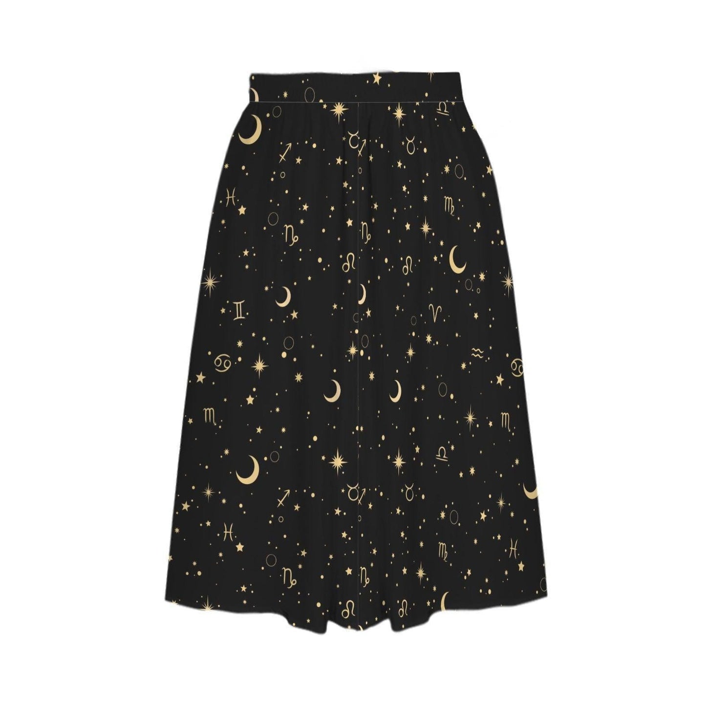 Celestial Moon Midi Skirt, Black Star Print, Witchy High Waist With Pockets