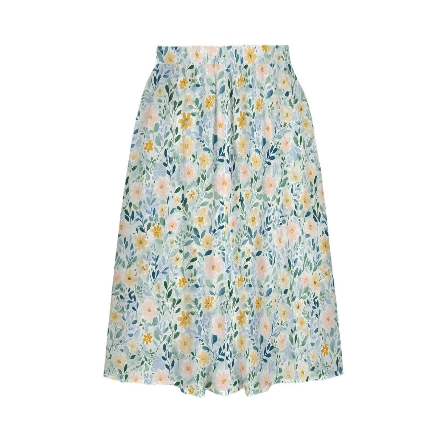 Pastel Watercolor Floral Midi Skirt, High Waist A-Line, Pockets, Coastal Spring Style