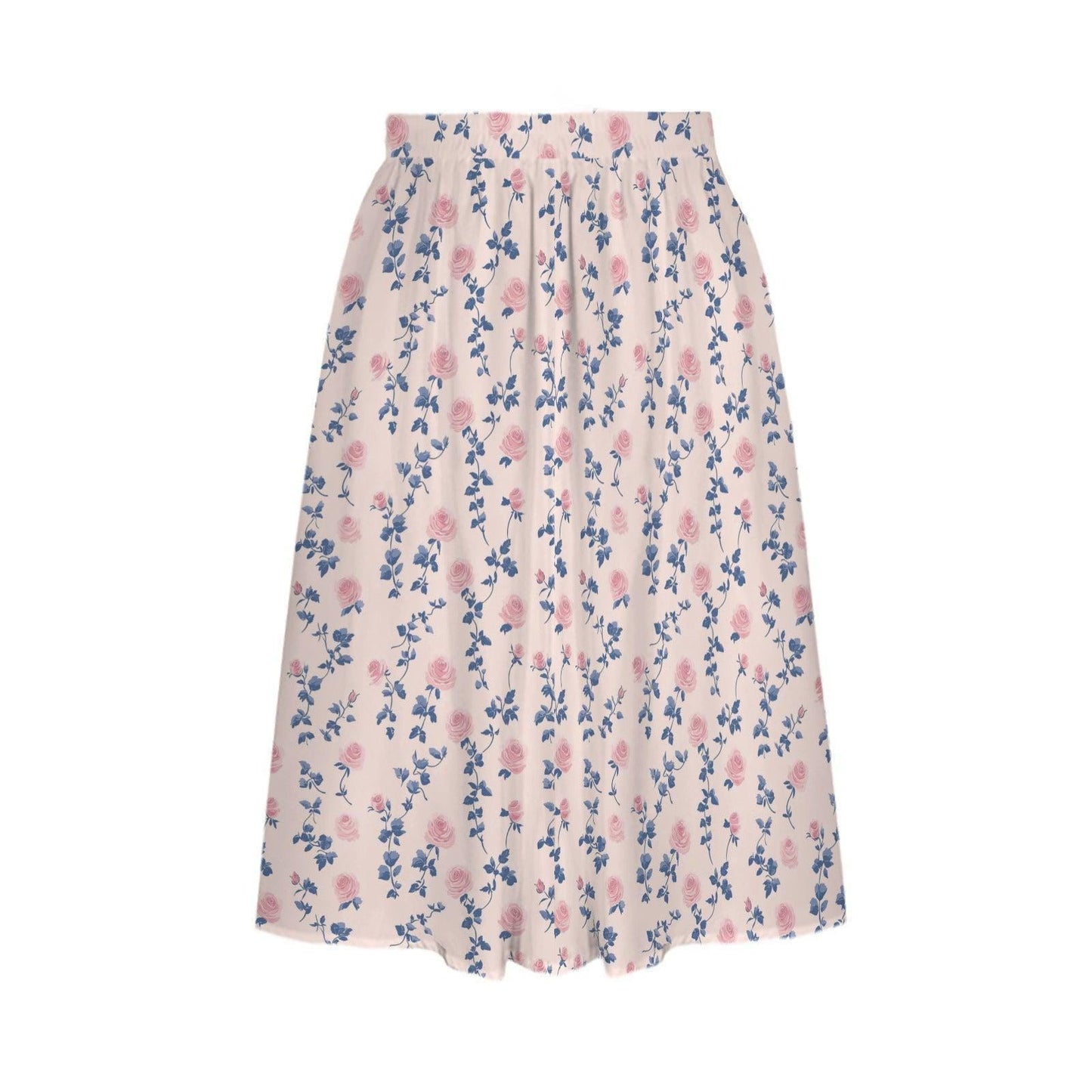 Pink Rose Floral Midi Skirt, High Waist A-Line, Cottagecore Garden Styling