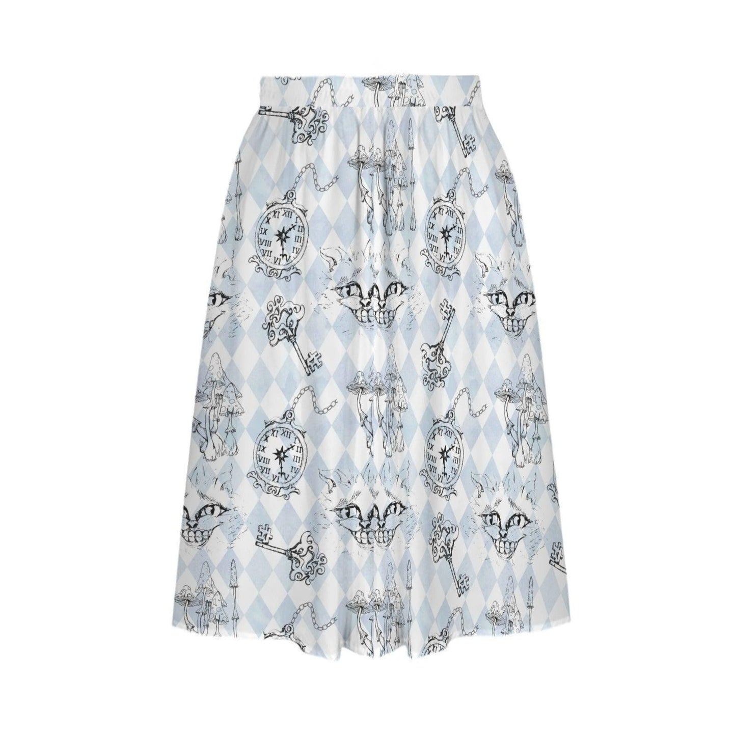 Blue Skull Midi Skirt, Powder Blue Argyle Clock Key Print, High Waist A Line (Pockets)
