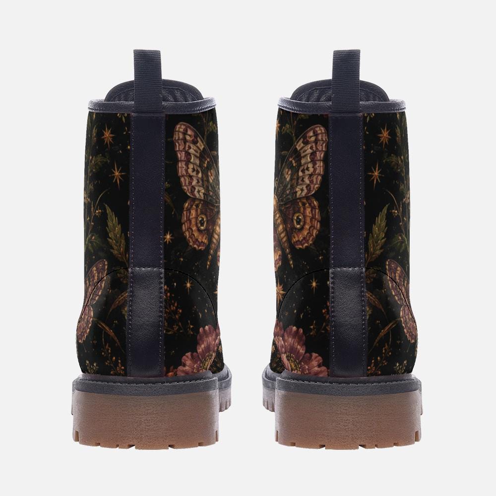 Dark Floral Moth Print Combat Boots with Lace Up Front