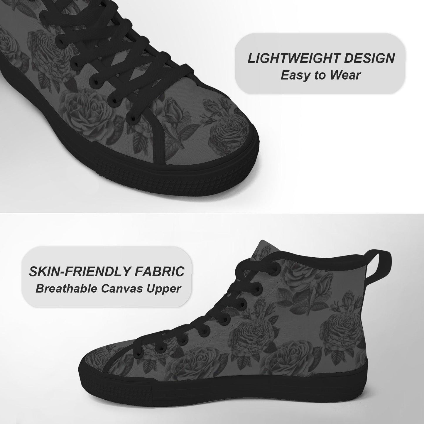 Gray and Black Rose Print High Top Sneakers with Lace Up Front