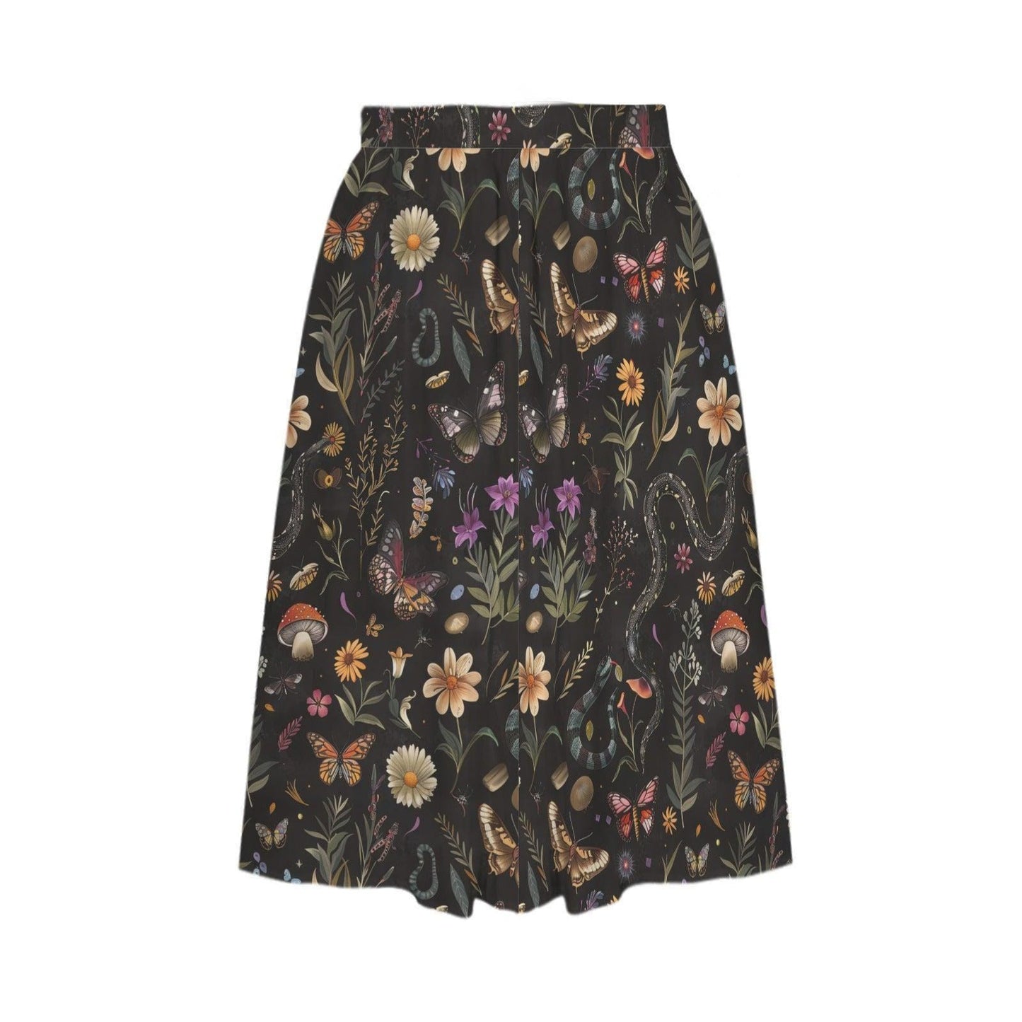 Dark Botanical Mushroom Midi Skirt, Cottagecore Floral Print, High Waist Pockets